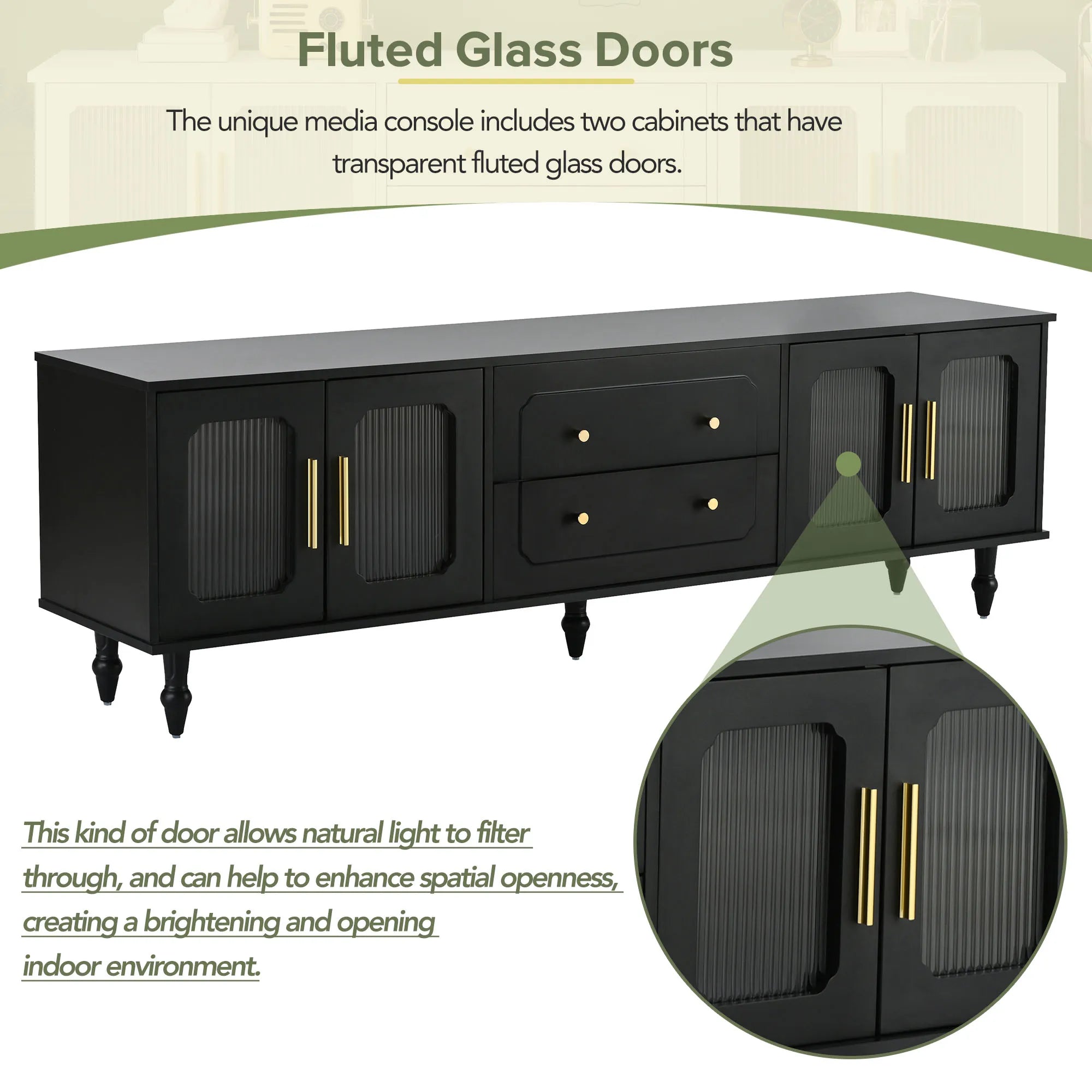 Elegant Retro Design TV Stand with Fluted Glass Doors
