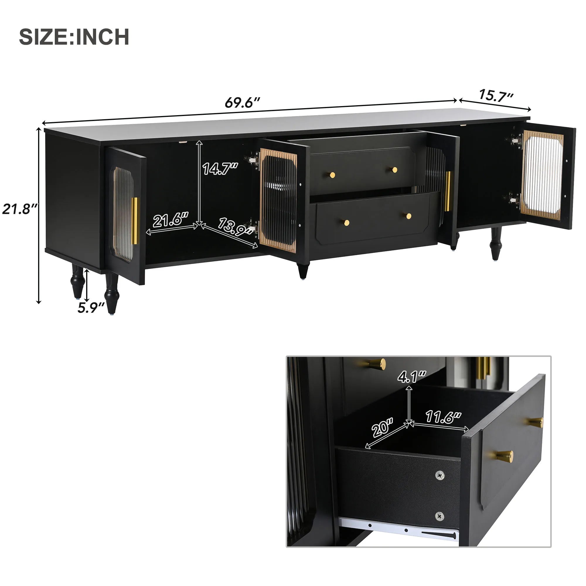 Elegant Retro Design TV Stand with Fluted Glass Doors