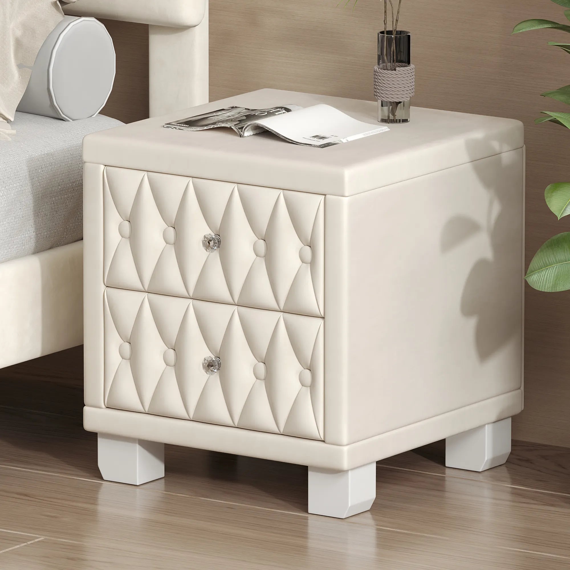 Elegant Velvet 2-Drawer Nightstand with Tufted Design