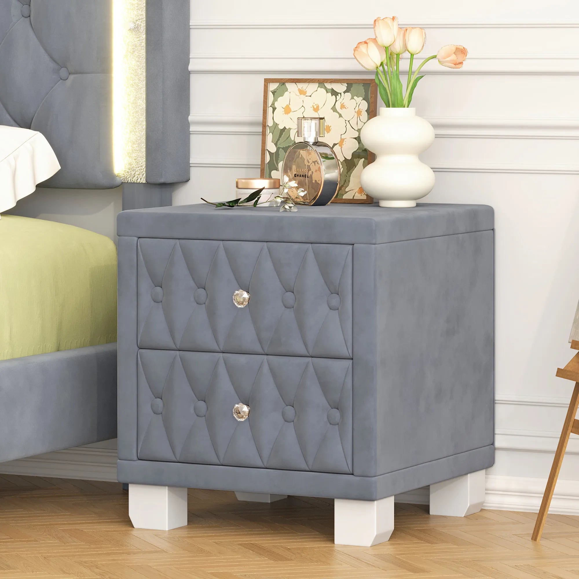 Elegant Velvet 2-Drawer Nightstand with Tufted Design