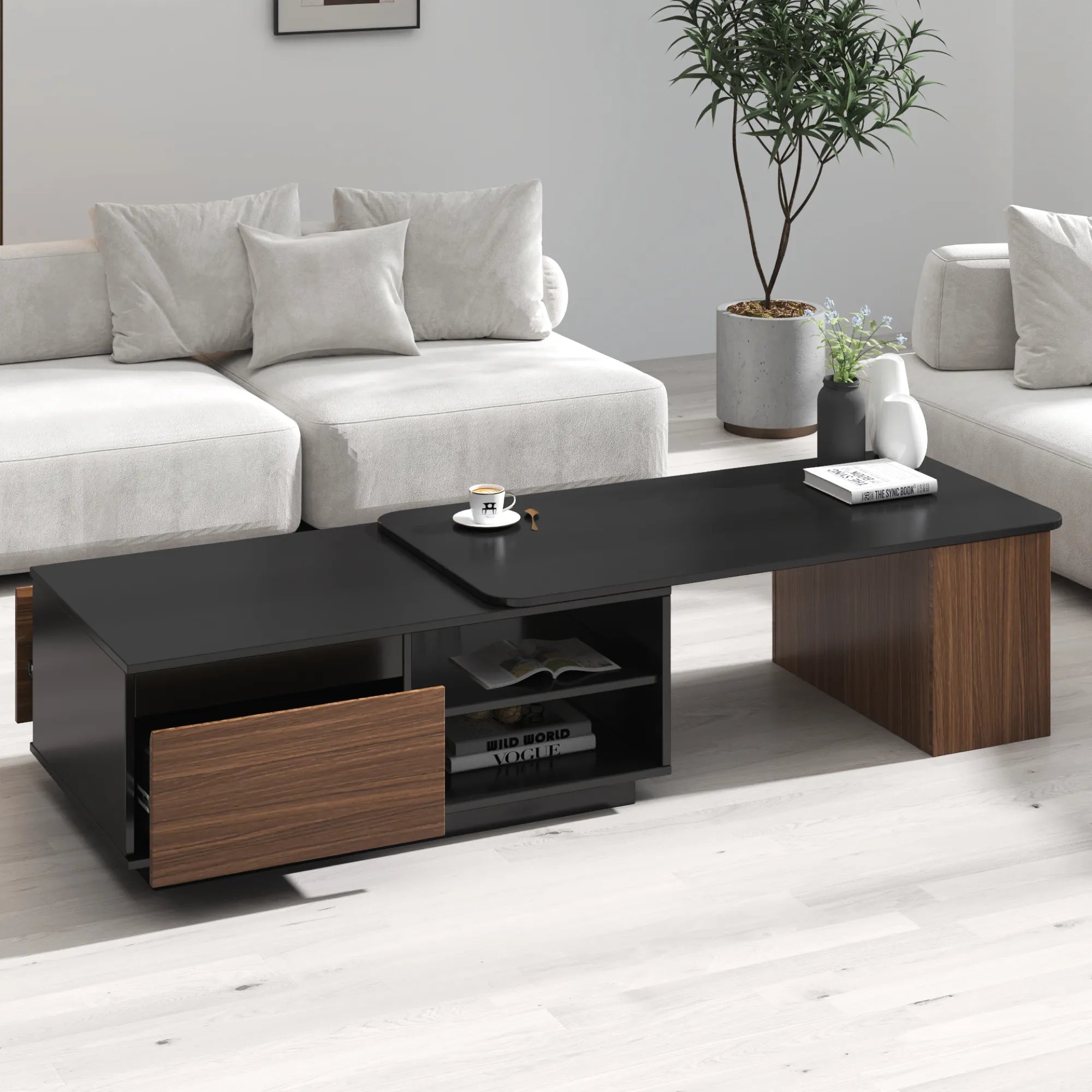 Extendable Rectangular Coffee Table With 2 Storage Drawers