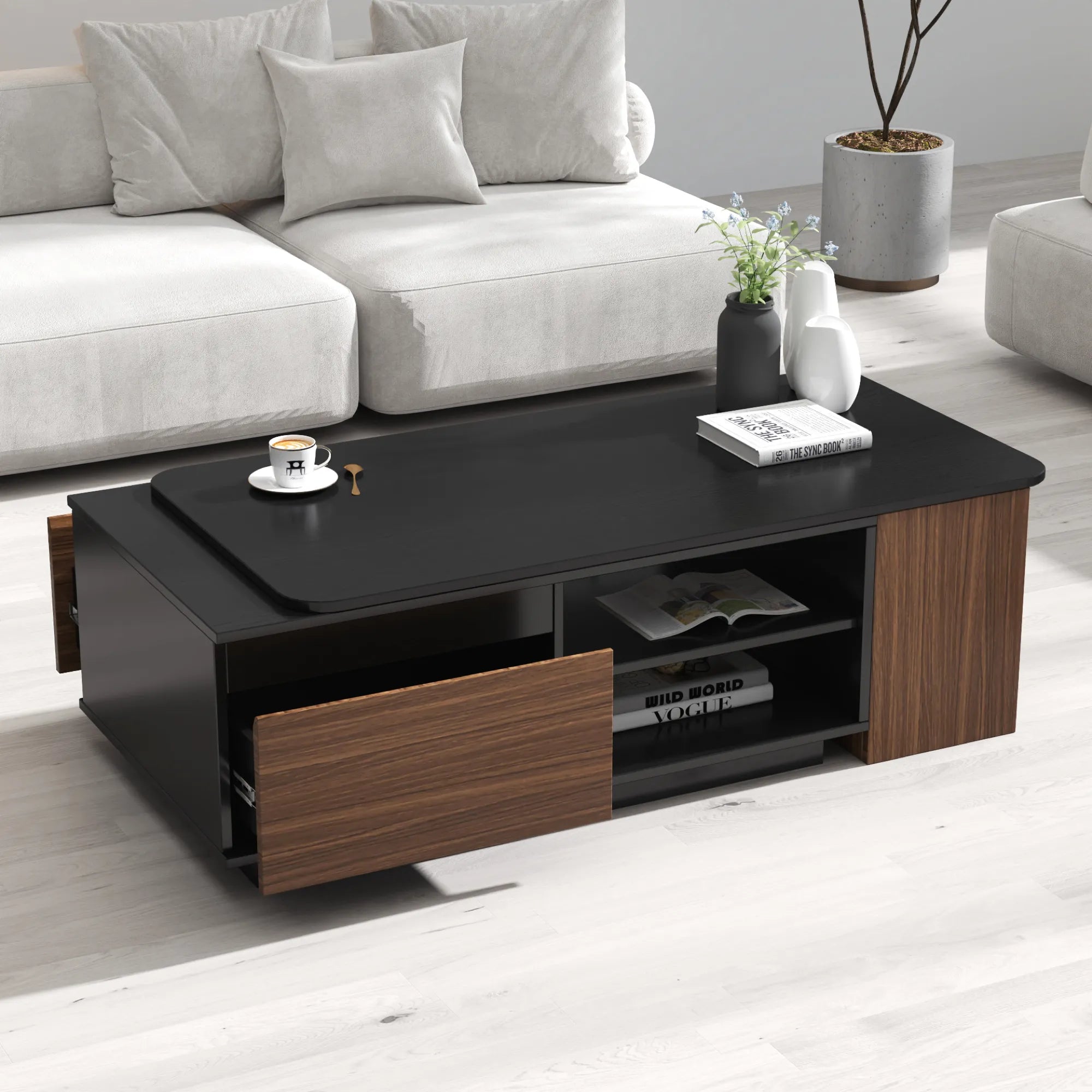 Extendable Rectangular Coffee Table With 2 Storage Drawers