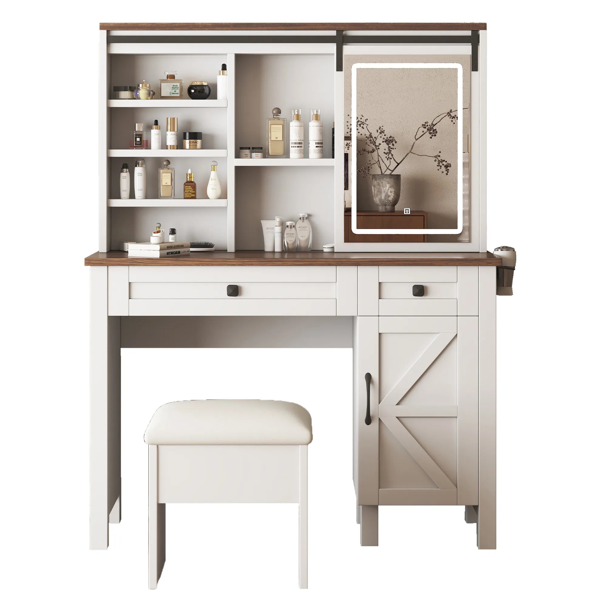 Farmhouse Makeup Vanity with Mirror, Storage & Stool