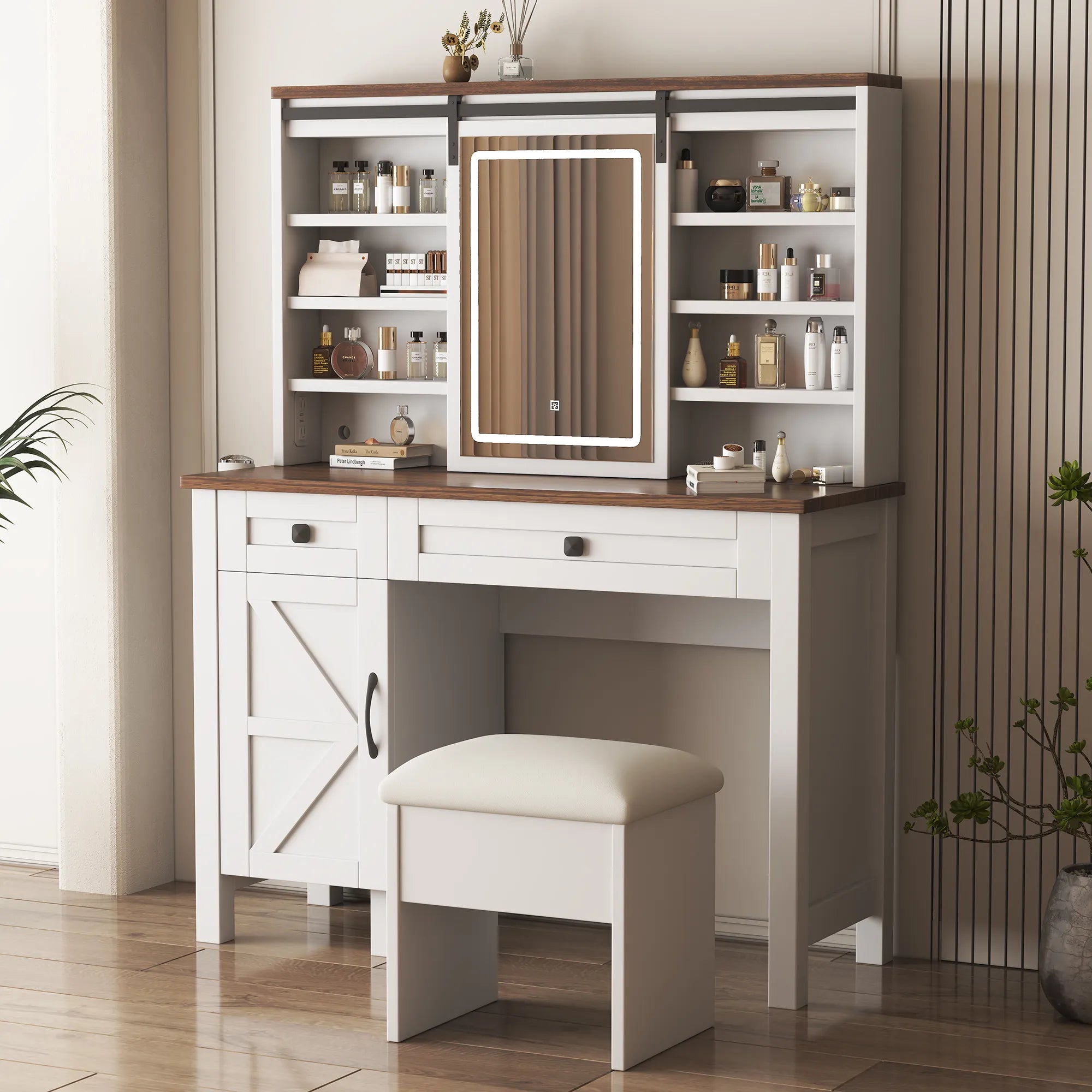 Farmhouse Makeup Vanity with Mirror, Storage & Stool