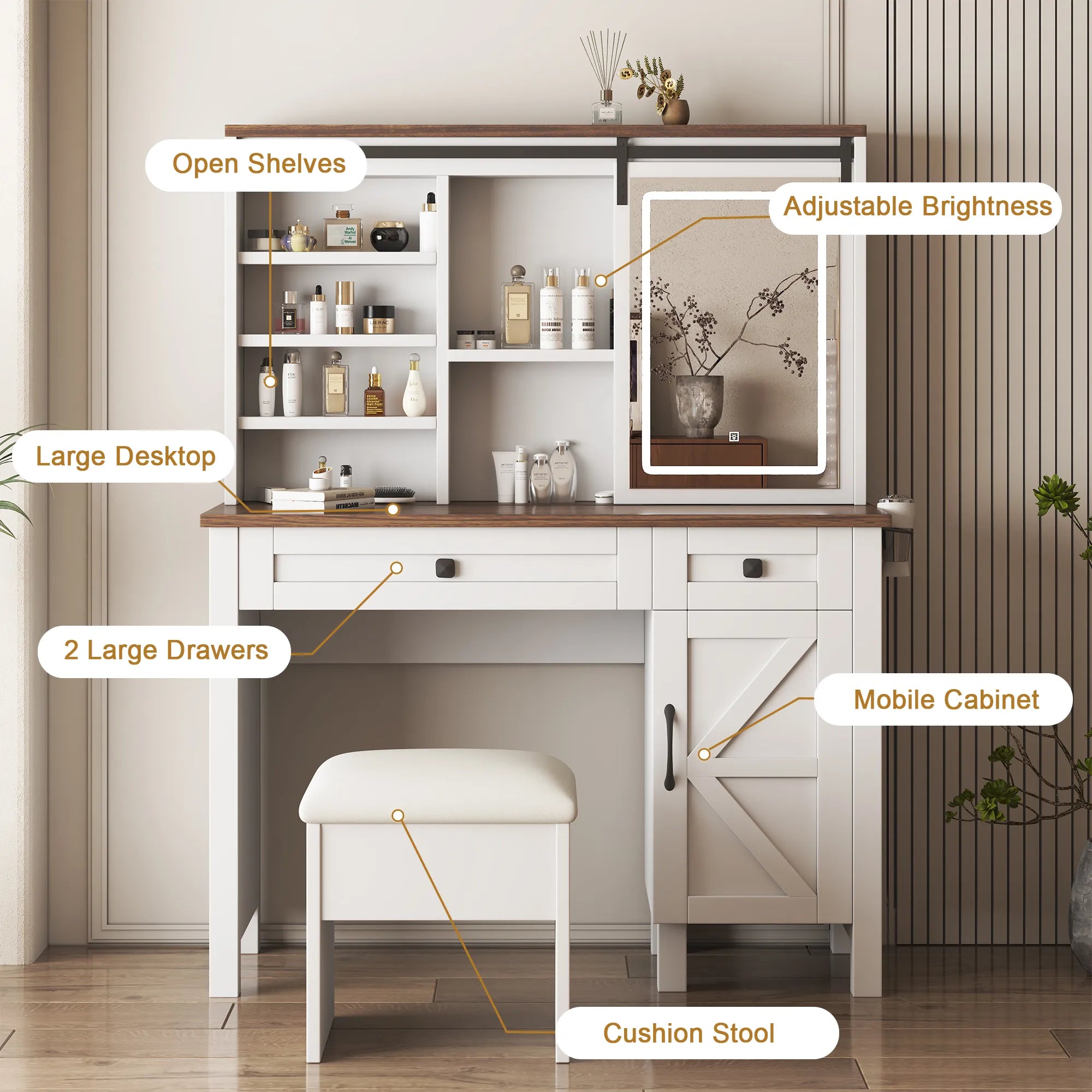 Farmhouse Makeup Vanity with Mirror, Storage & Stool