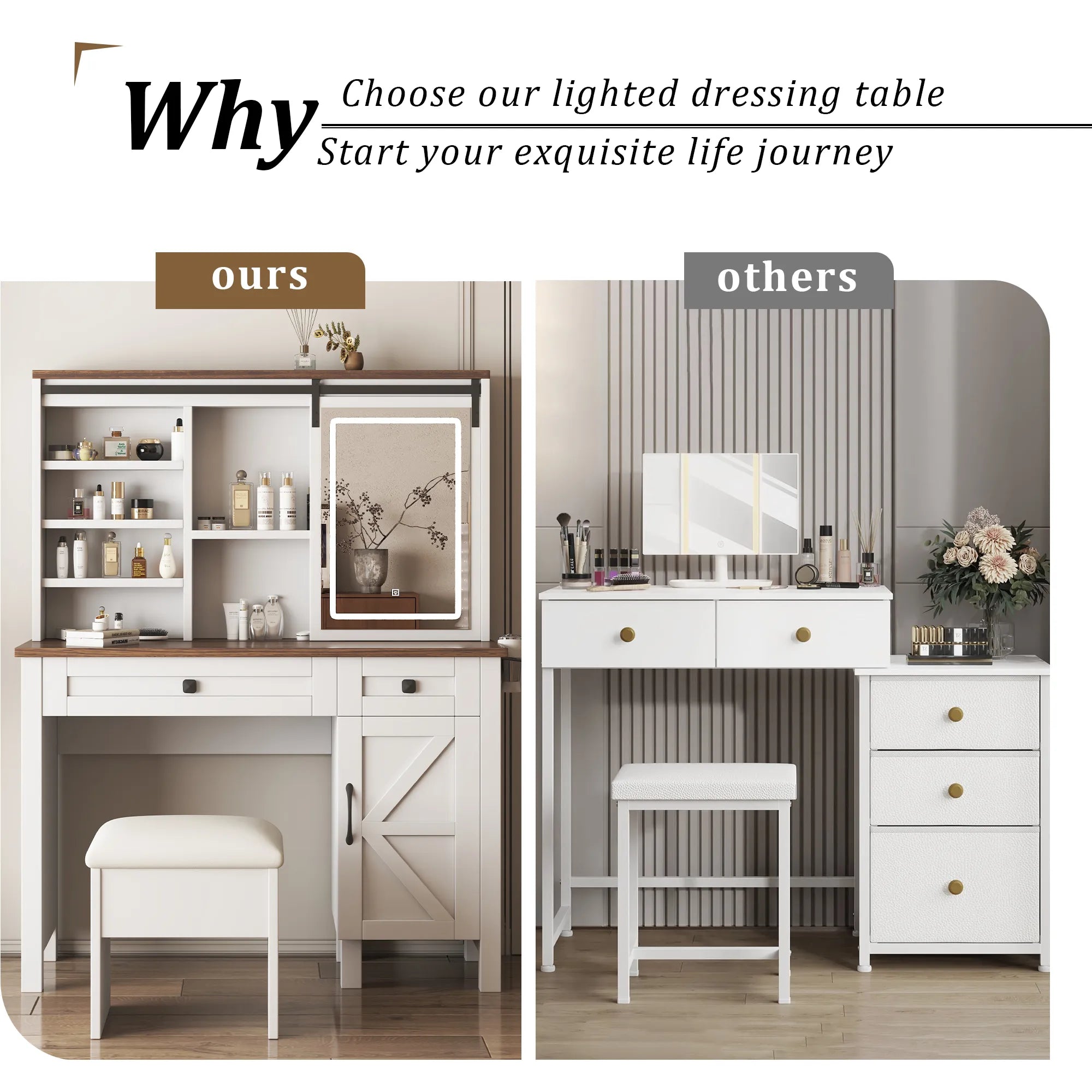 Farmhouse Makeup Vanity with Mirror, Storage & Stool