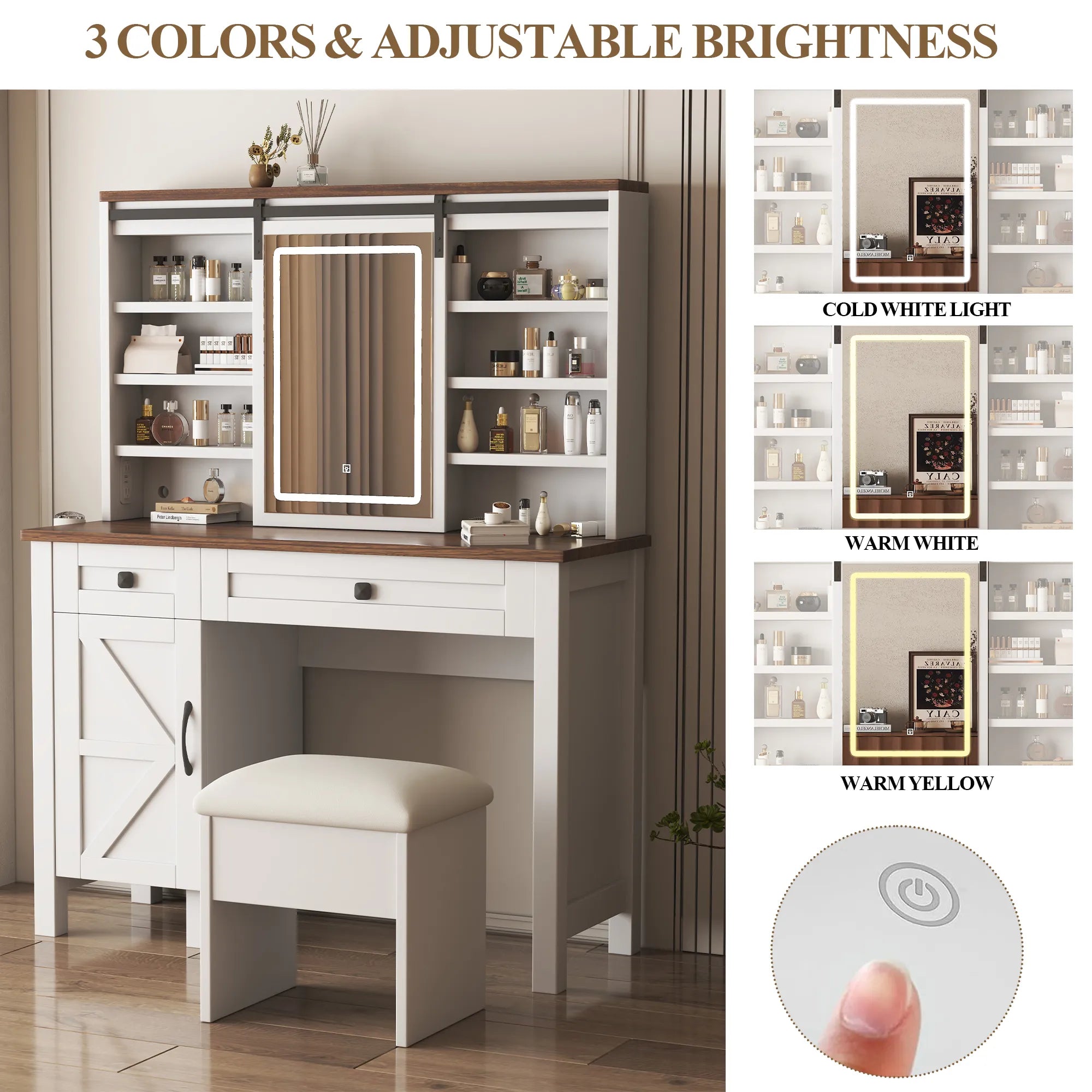 Farmhouse Makeup Vanity with Mirror, Storage & Stool