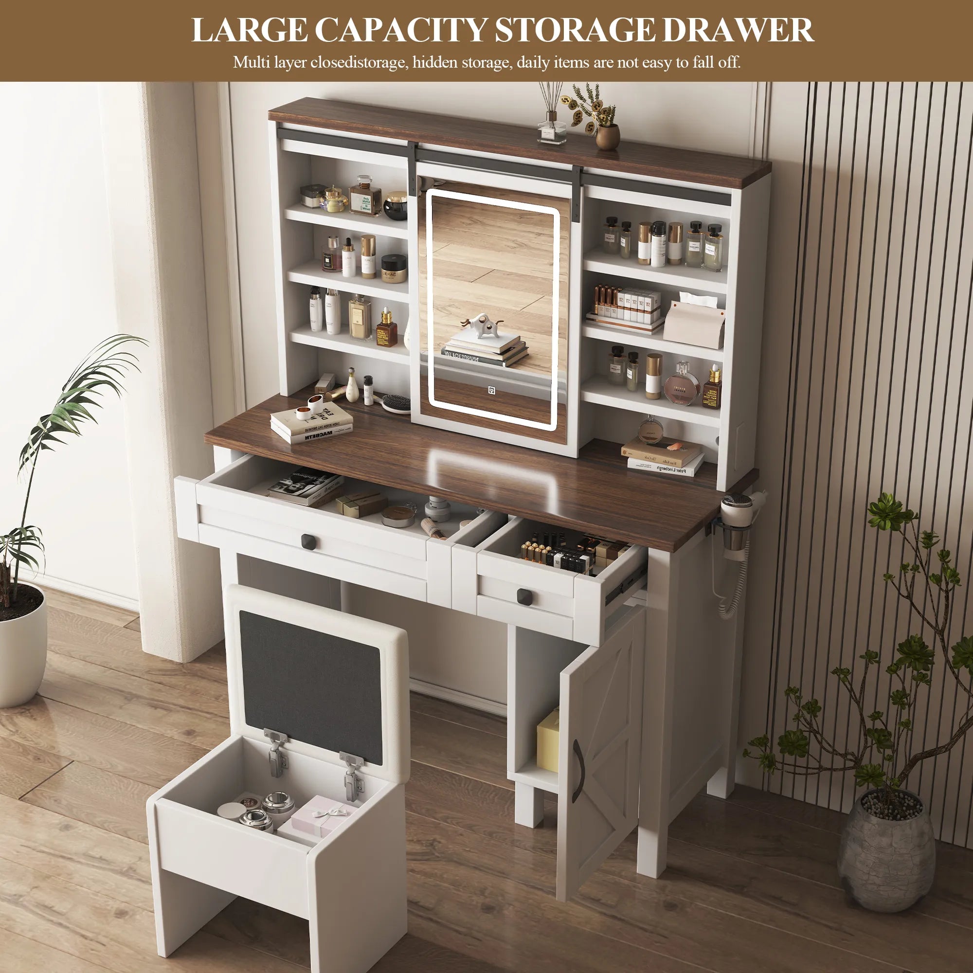 Farmhouse Makeup Vanity with Mirror, Storage & Stool