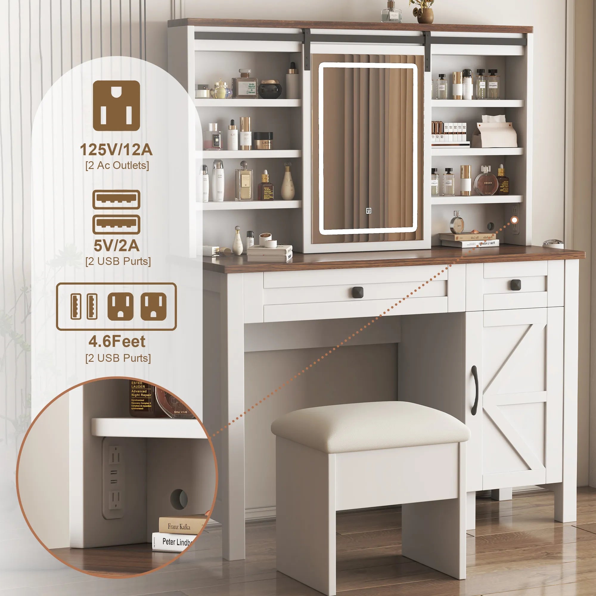 Farmhouse Makeup Vanity with Mirror, Storage & Stool
