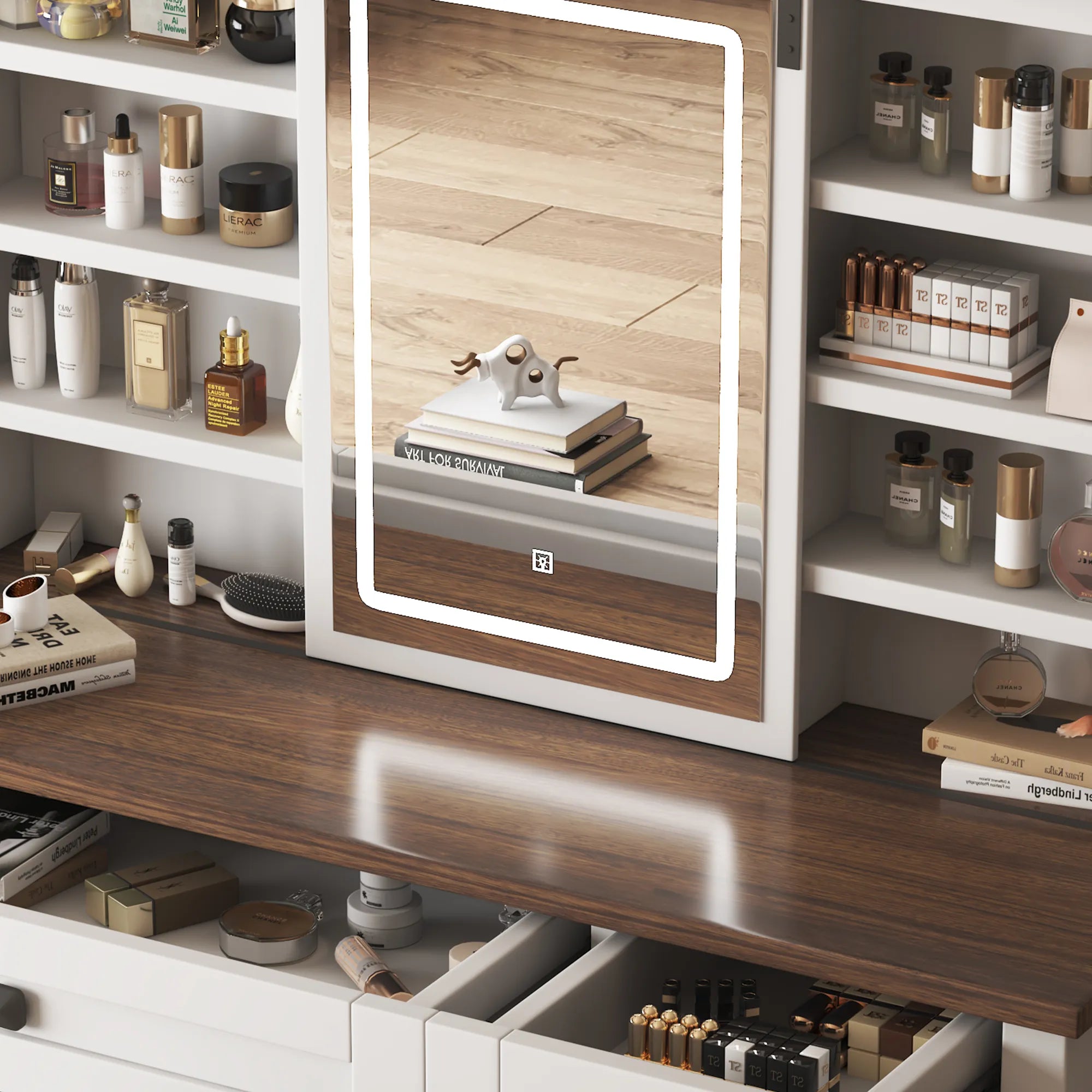 Farmhouse Makeup Vanity with Mirror, Storage & Stool
