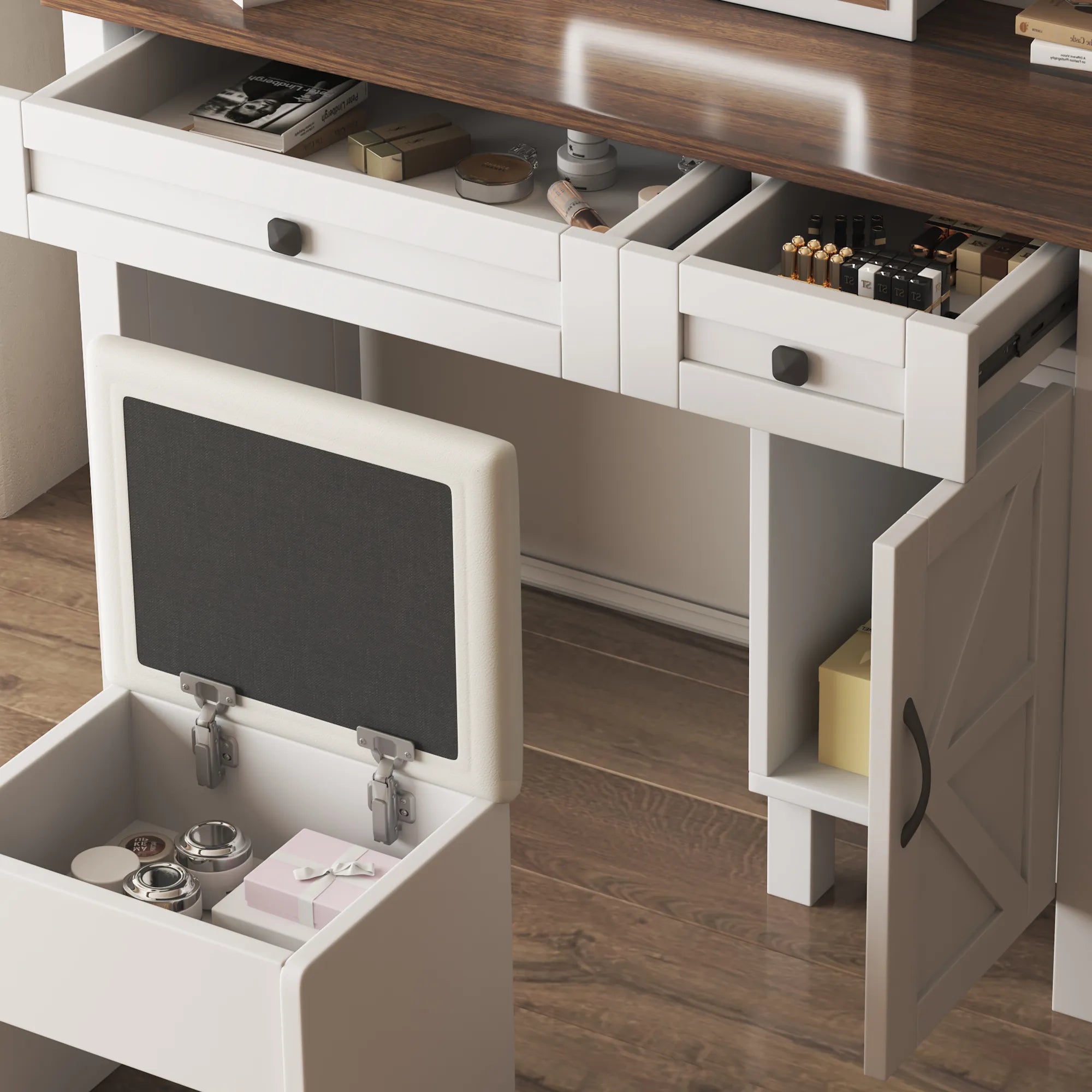 Farmhouse Makeup Vanity with Mirror, Storage & Stool