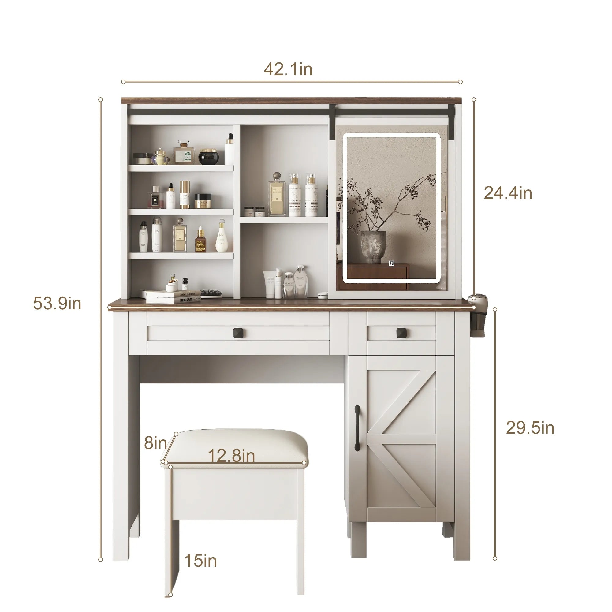 Farmhouse Makeup Vanity with Mirror, Storage & Stool