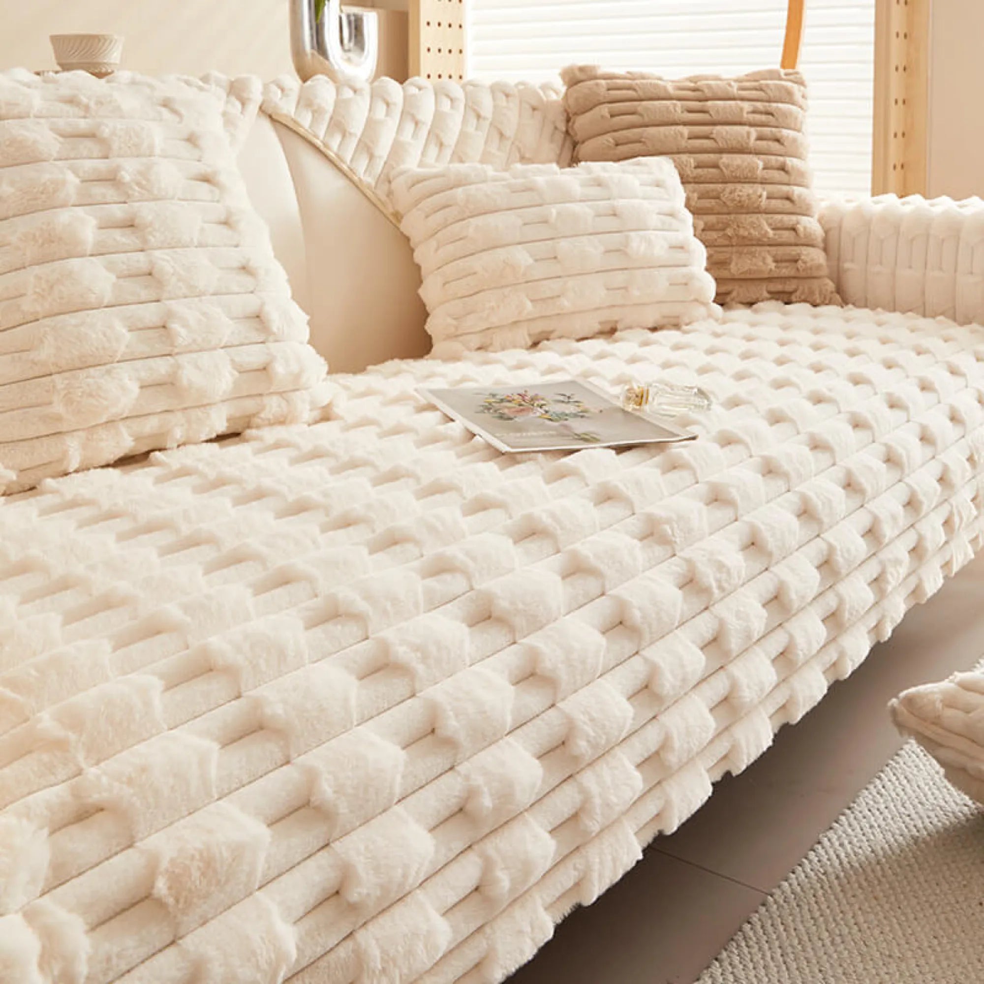 Fluffy Plush Anti-Slip Striped Sofa Cover Slipcover