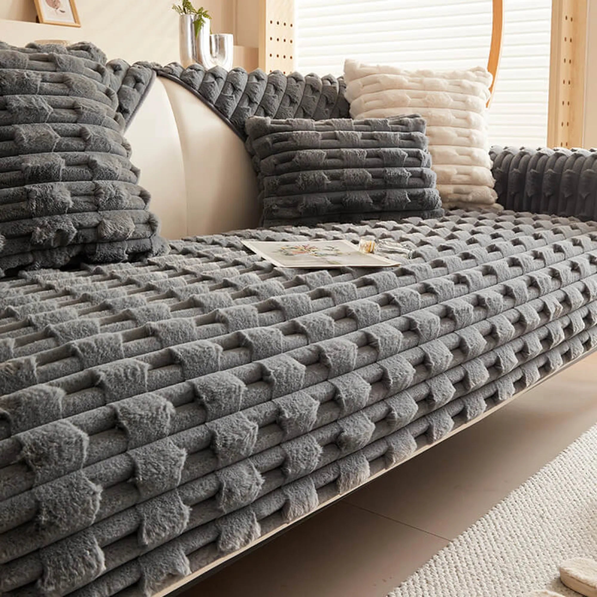 Fluffy Plush Anti-Slip Striped Sofa Cover Slipcover