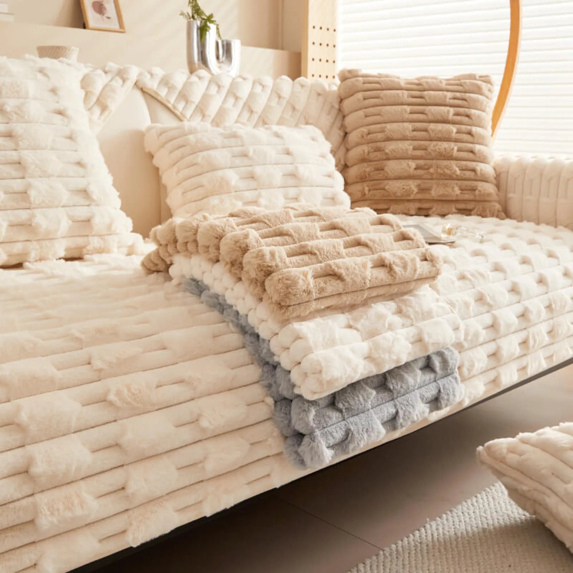 Fluffy Plush Anti-Slip Striped Sofa Cover Slipcover