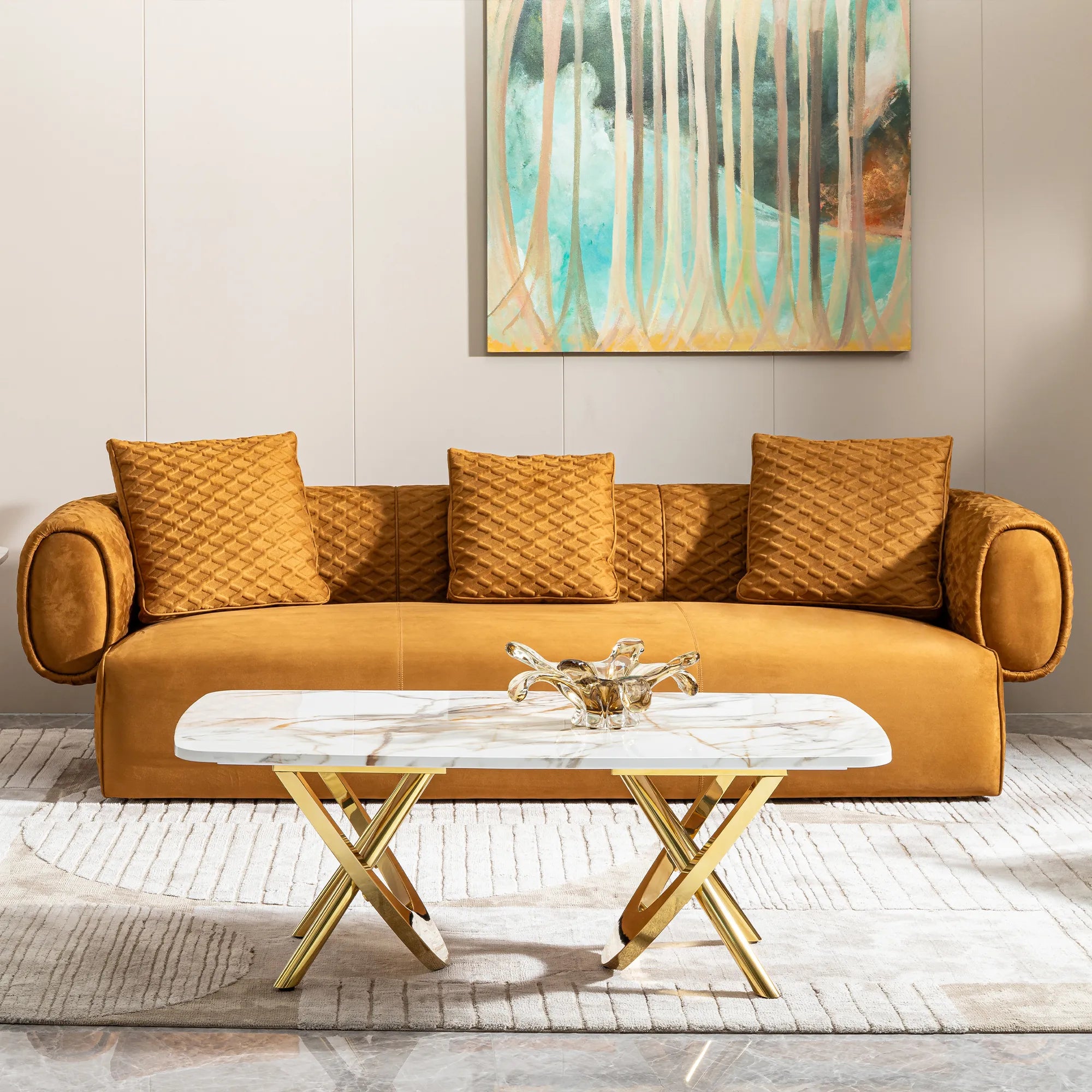 Gold Stainless Steel Faux Marble Modern Coffee Table