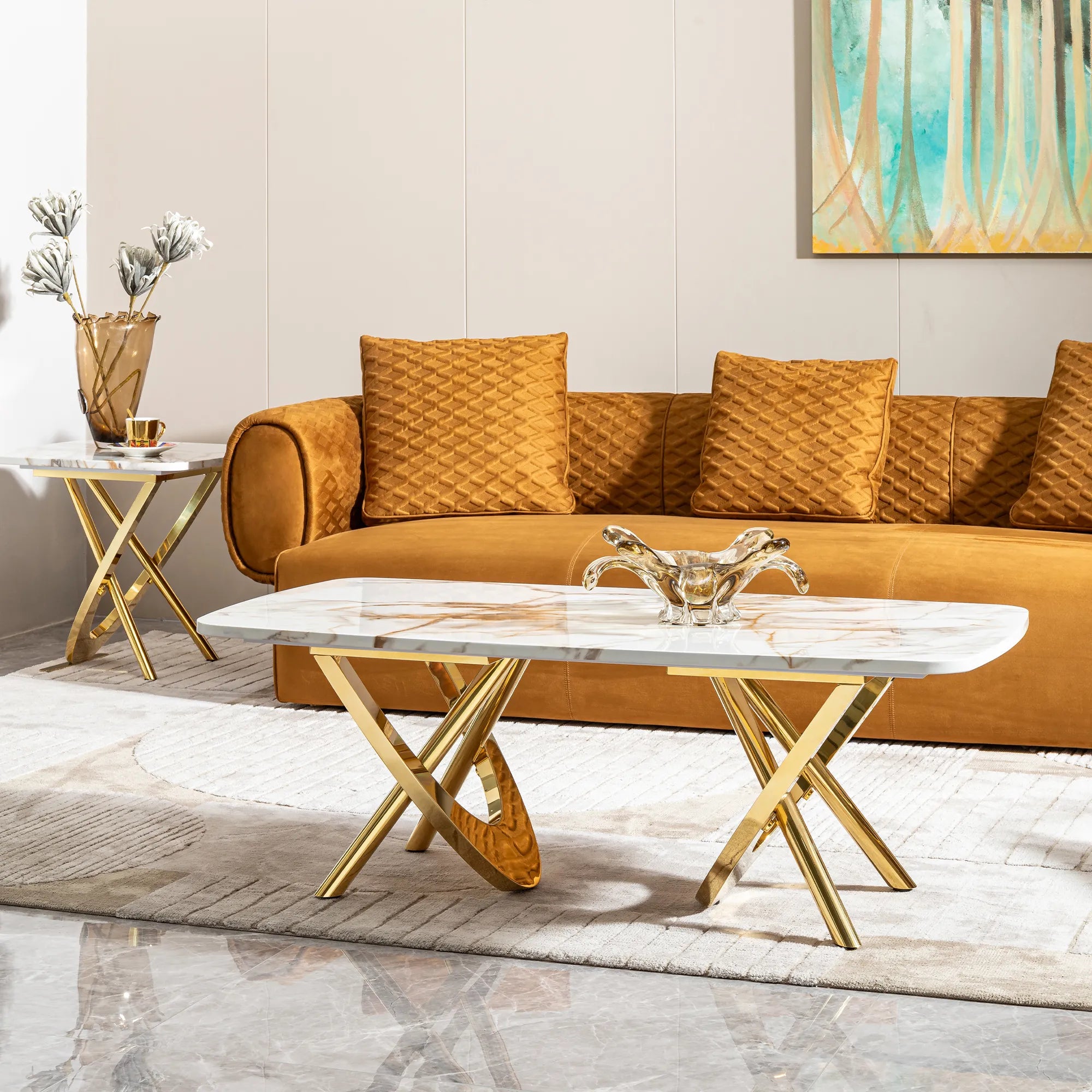 Gold Stainless Steel Faux Marble Modern Coffee Table