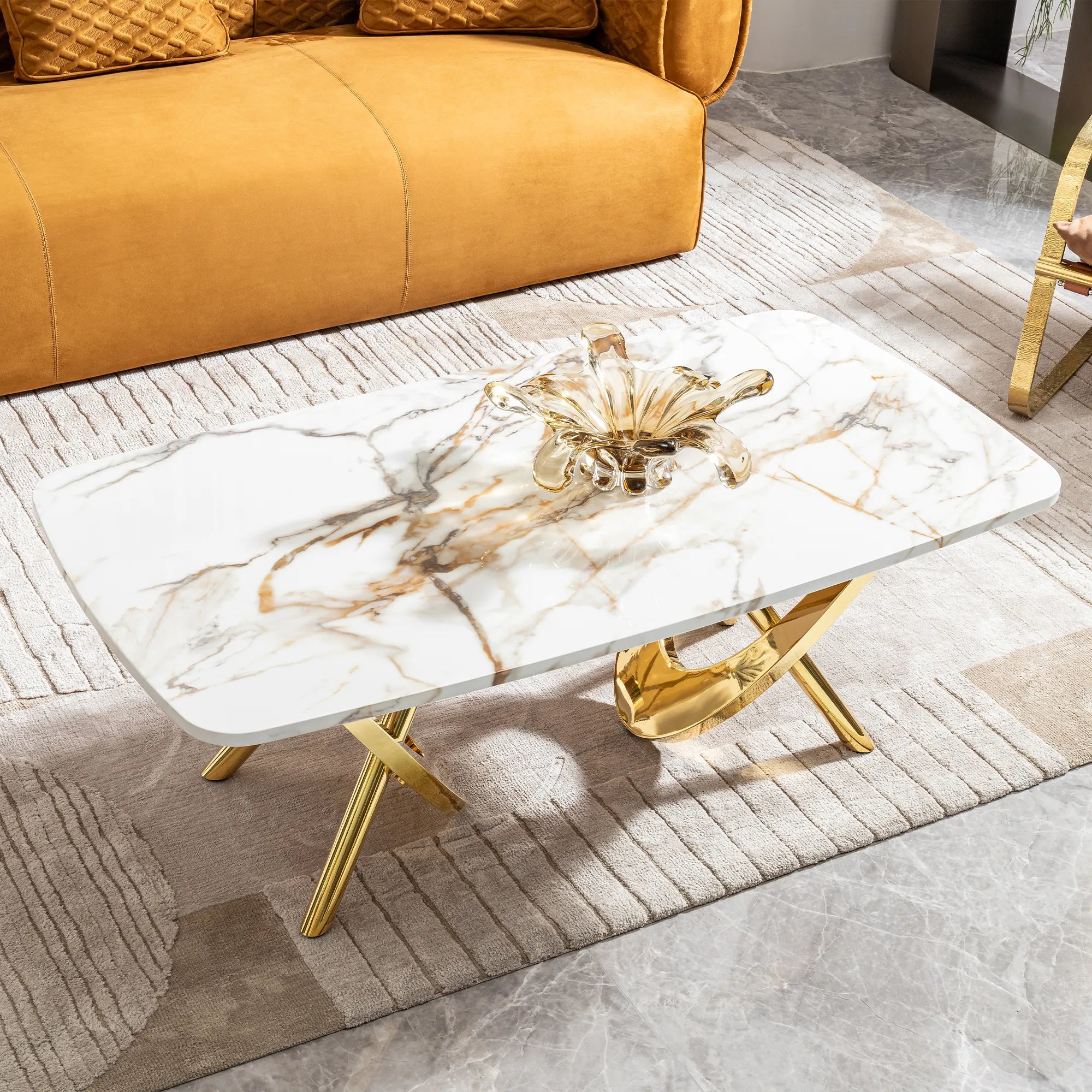Gold Stainless Steel Faux Marble Modern Coffee Table