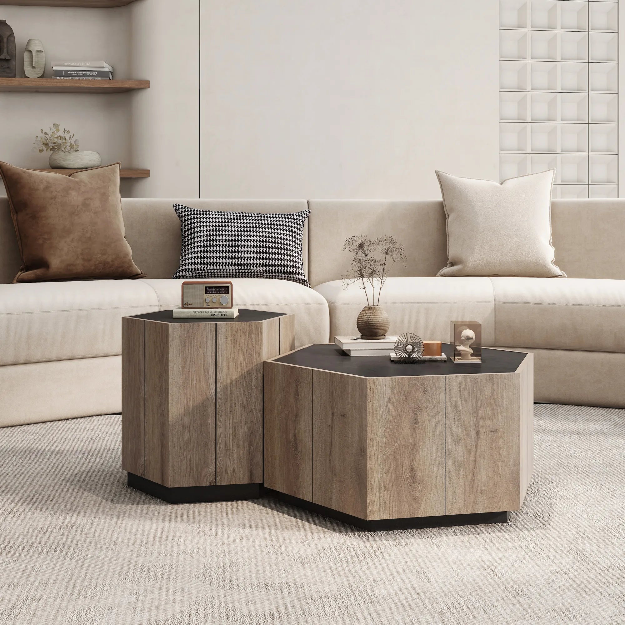 Hexagonal Retro Mid Century Modern Coffee Table Side Table Set