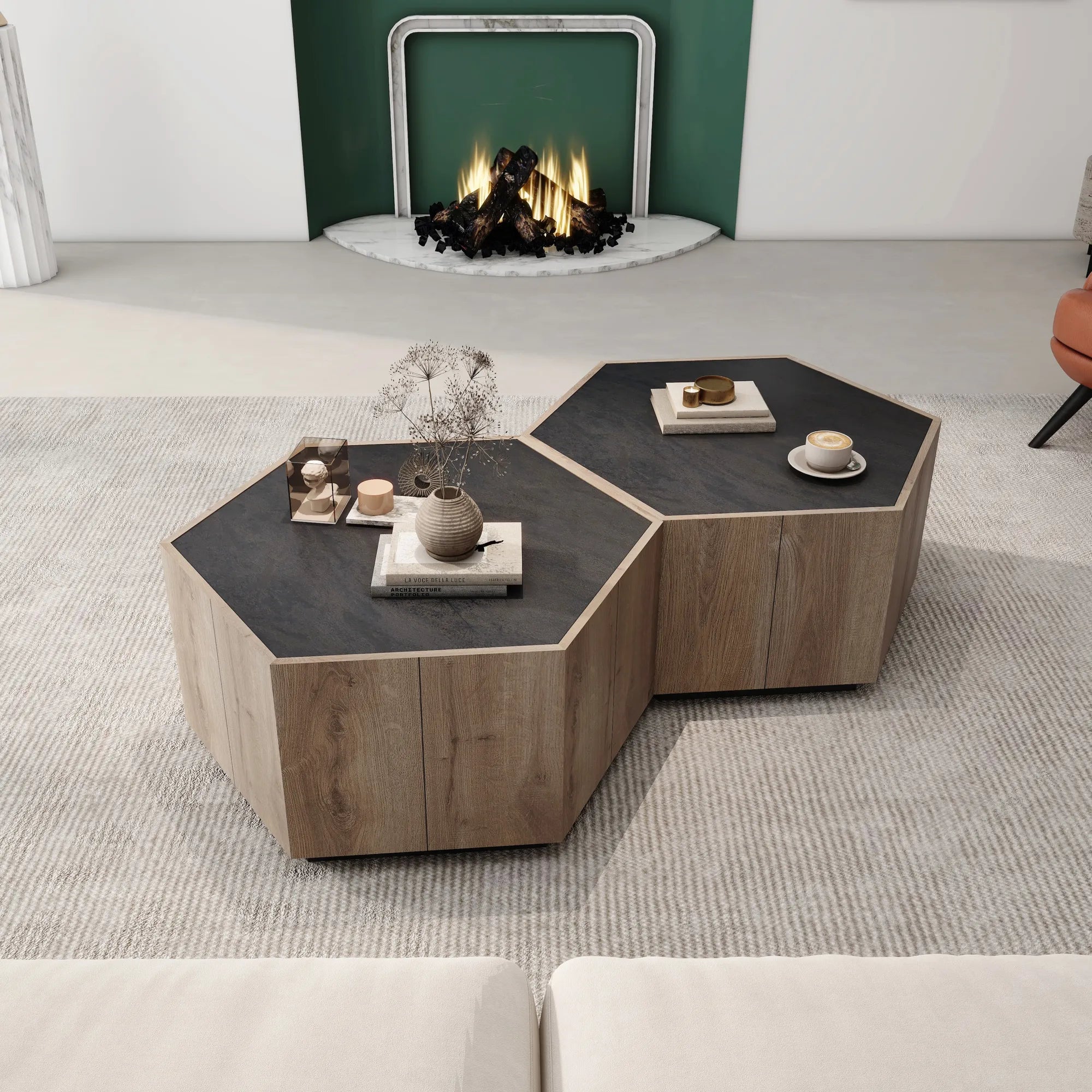 Hexagonal Retro Mid Century Modern Coffee Table Side Table Set