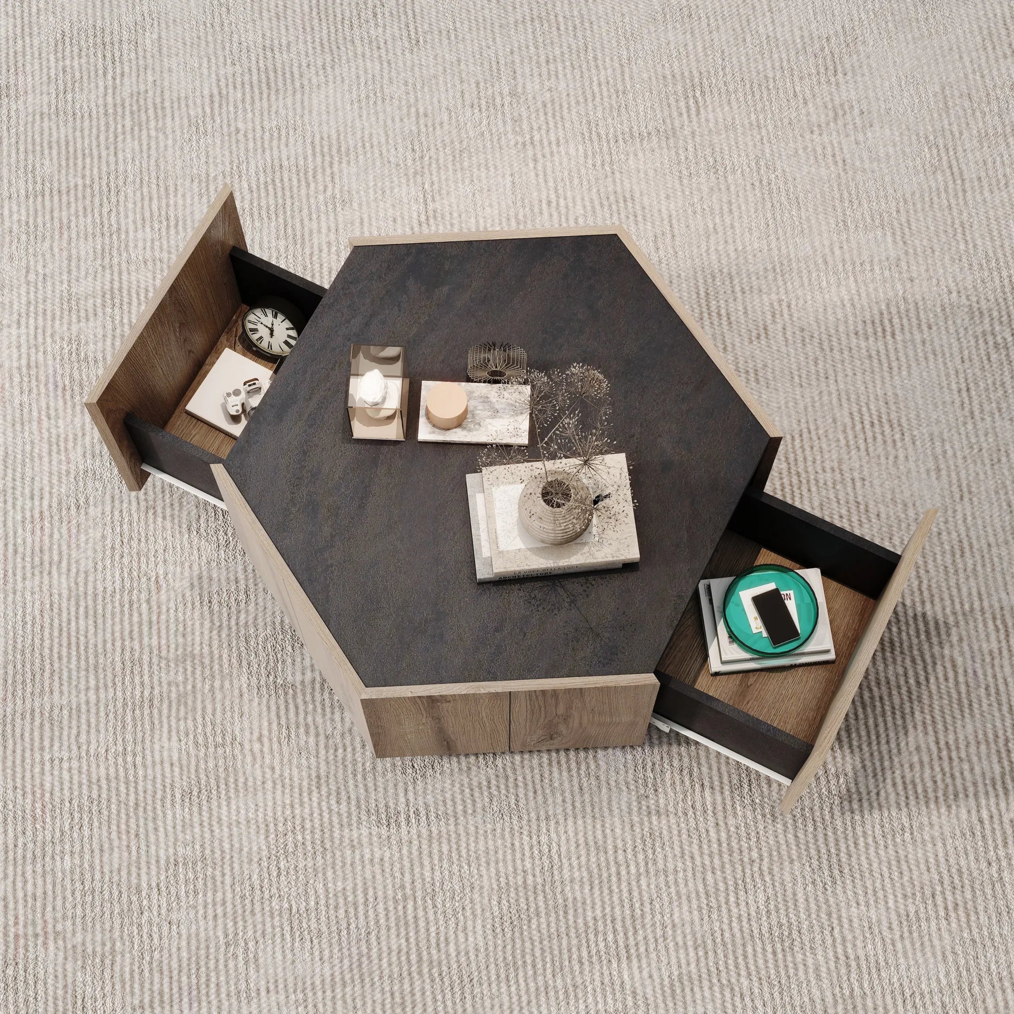 Hexagonal Retro Mid Century Modern Coffee Table Side Table Set