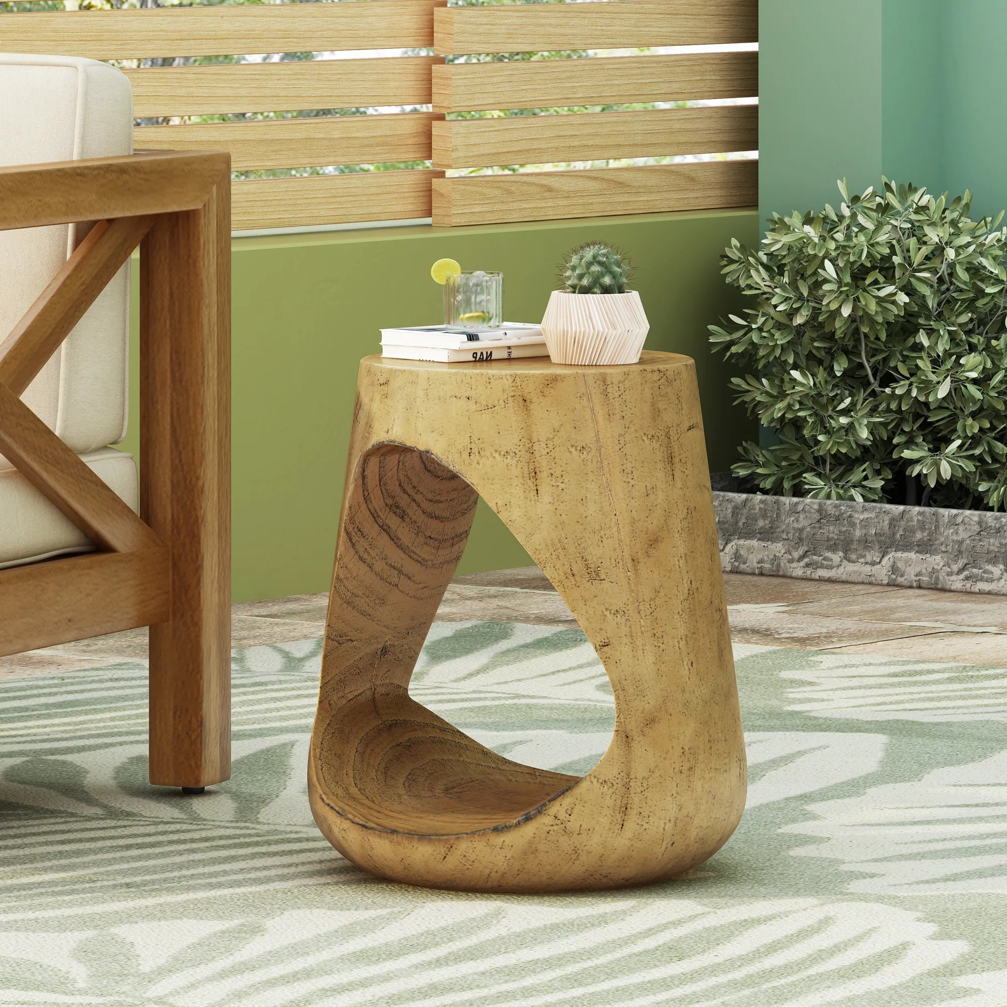 Hollow Round Faux Wood End Table with Natural Grain Texture