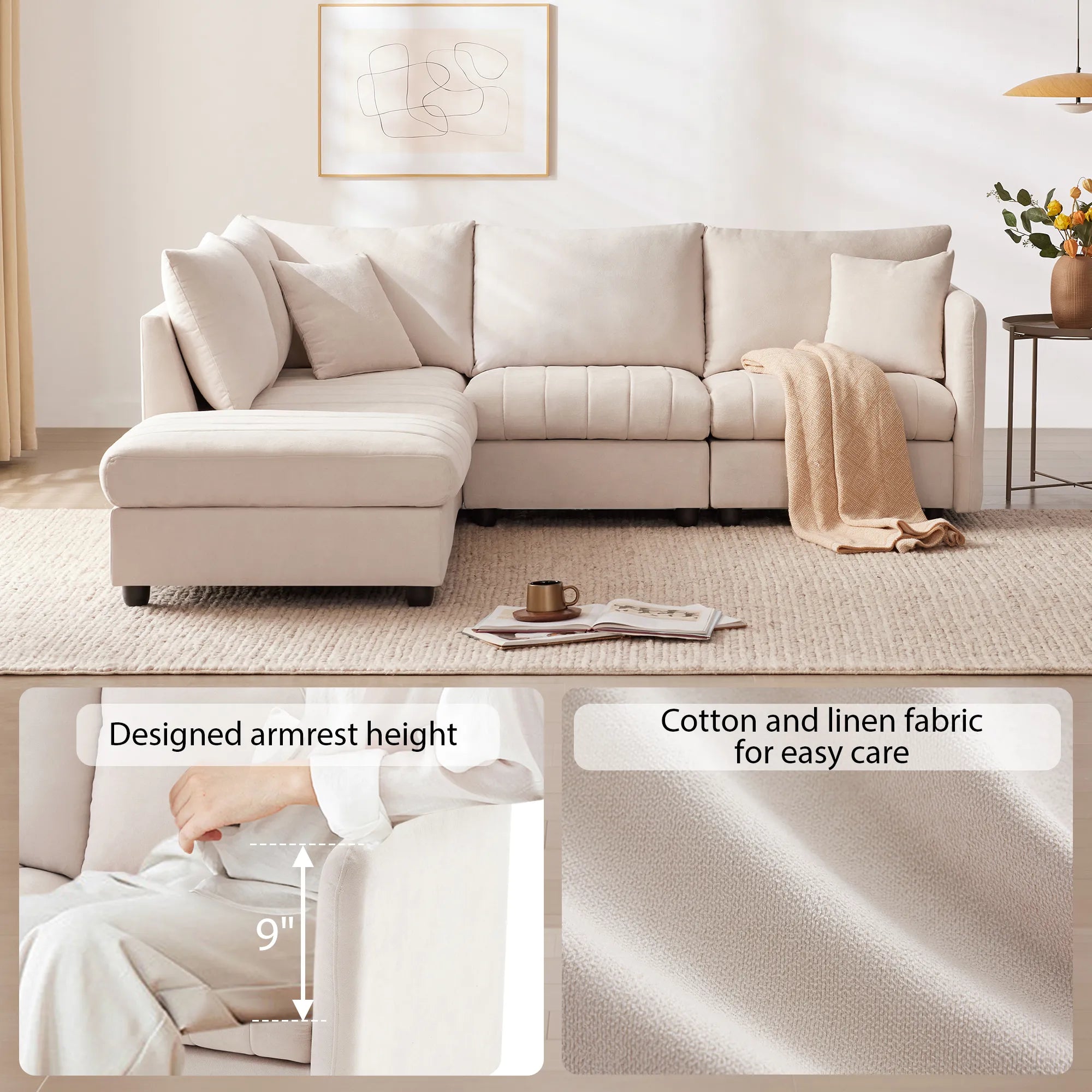 L-Shape Modern Sectional Sofa with Convertible Ottoman
