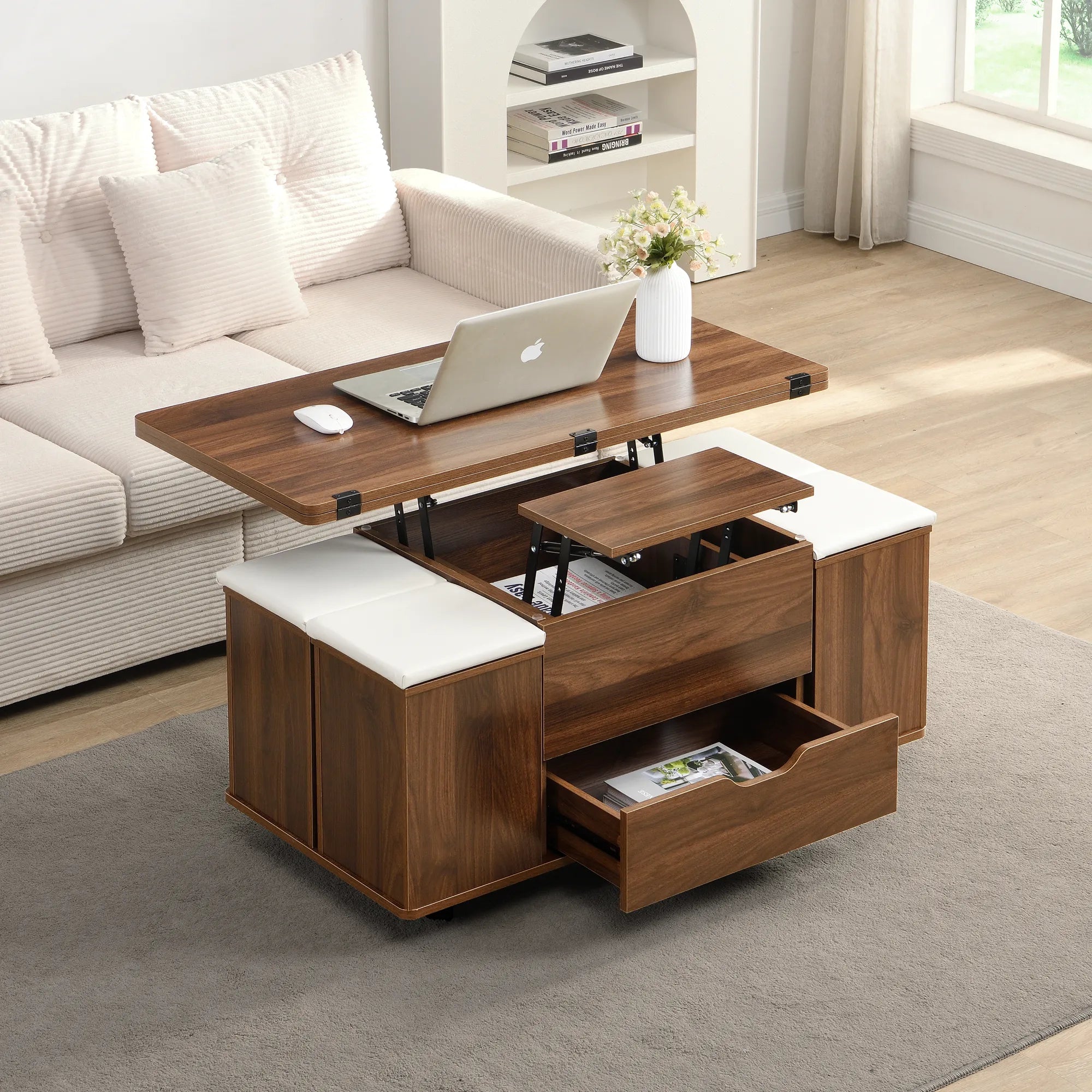 Lift-Top Foldable Coffee Table with Stools & Storage