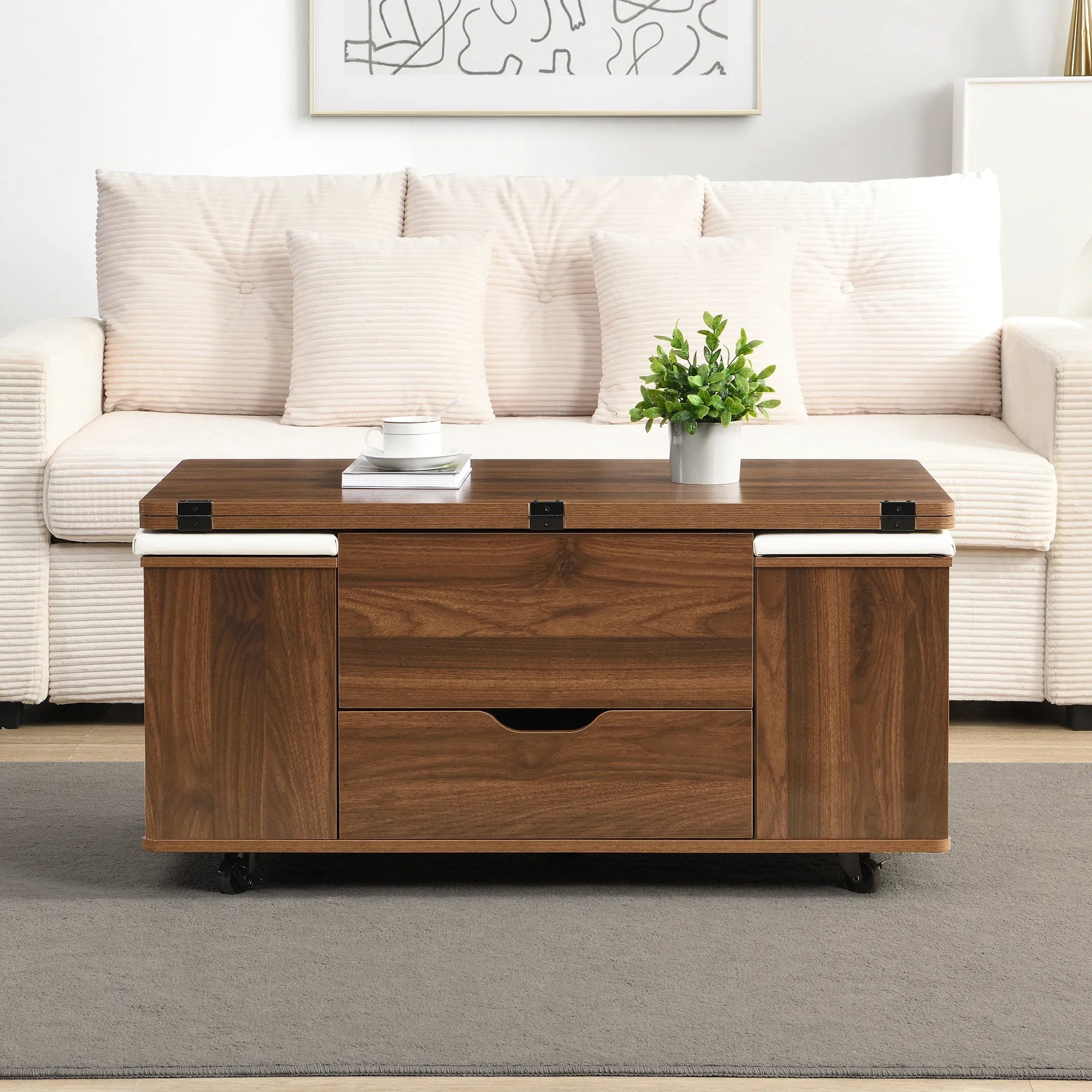 Lift-Top Foldable Coffee Table with Stools & Storage