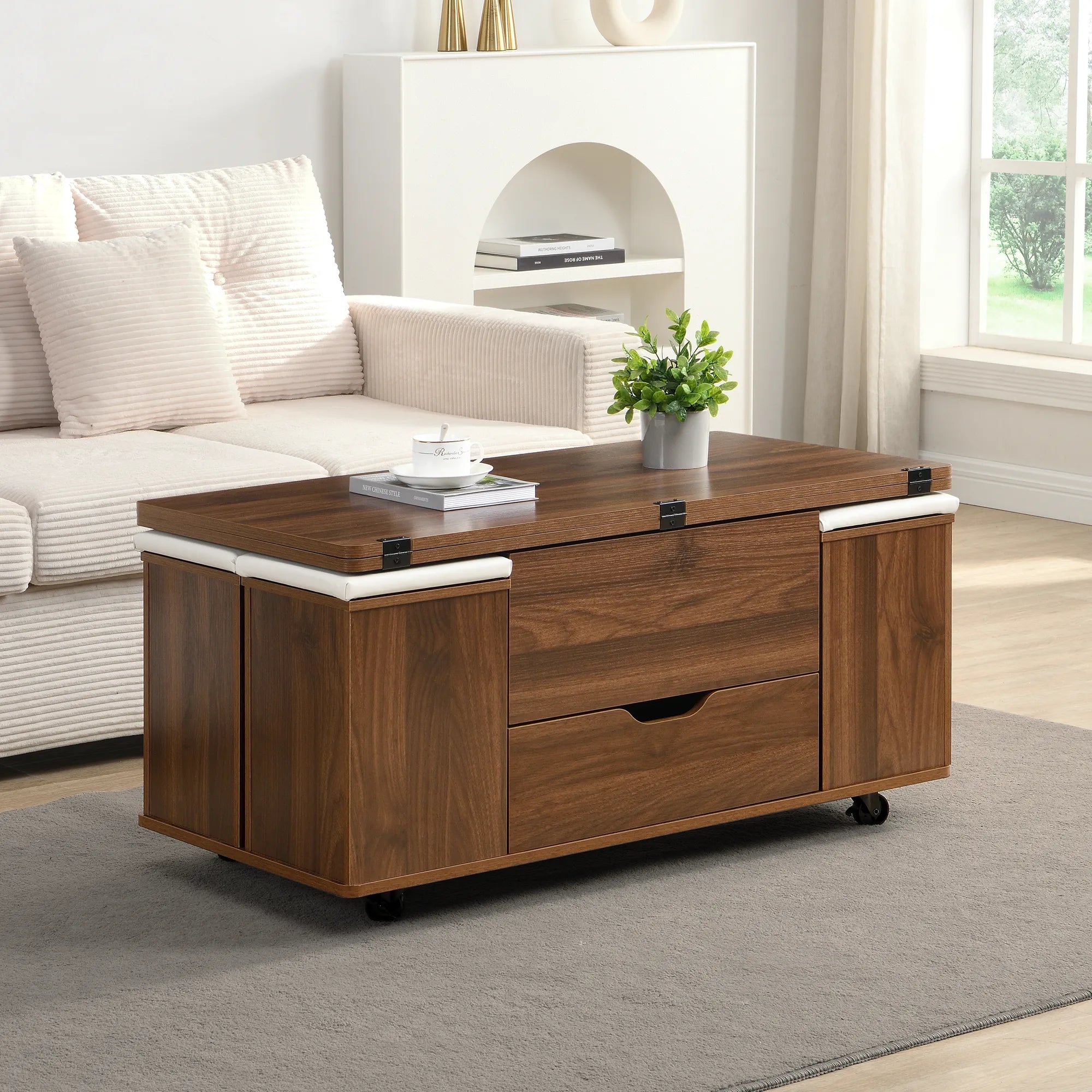 Lift-Top Foldable Coffee Table with Stools & Storage