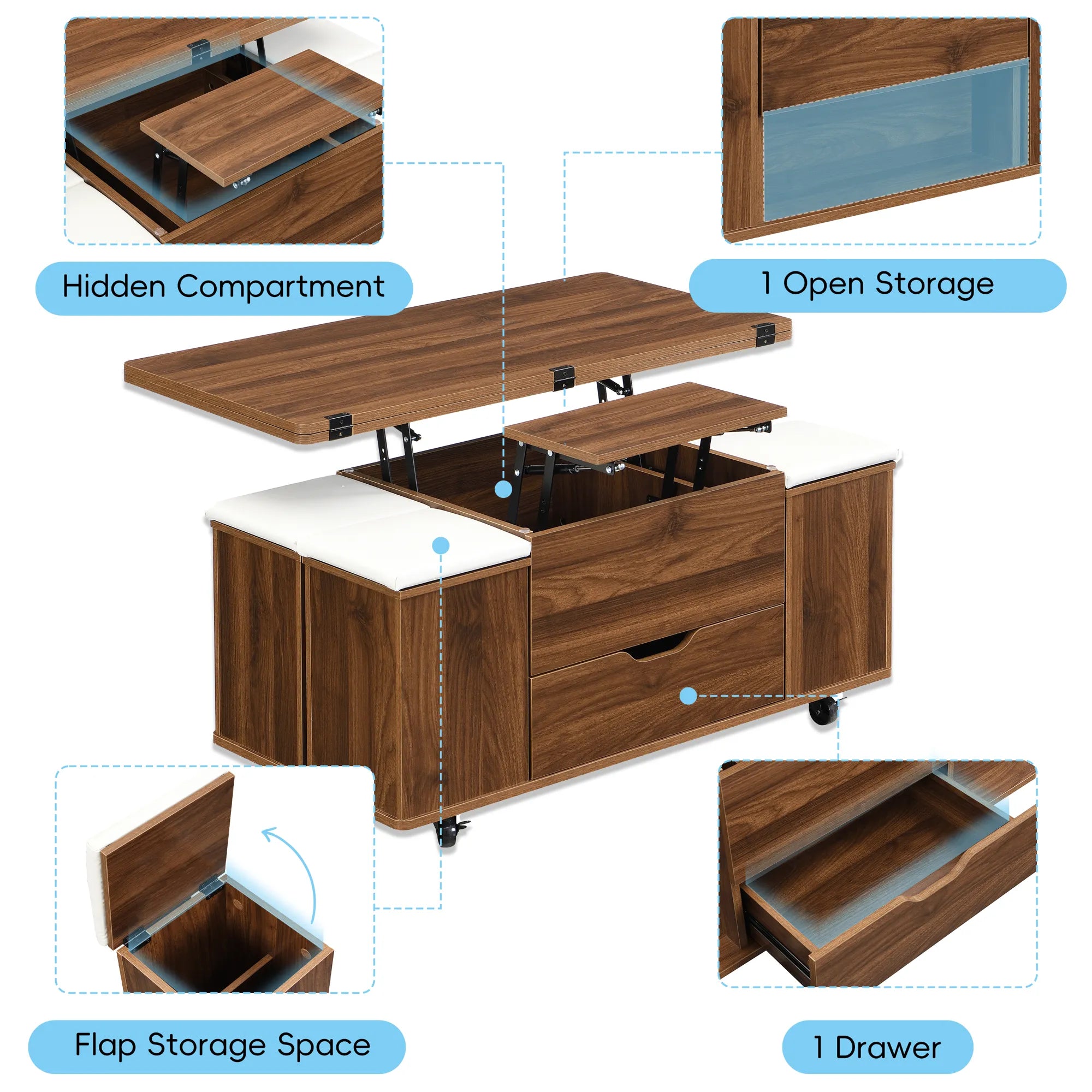 Lift-Top Foldable Coffee Table with Stools & Storage
