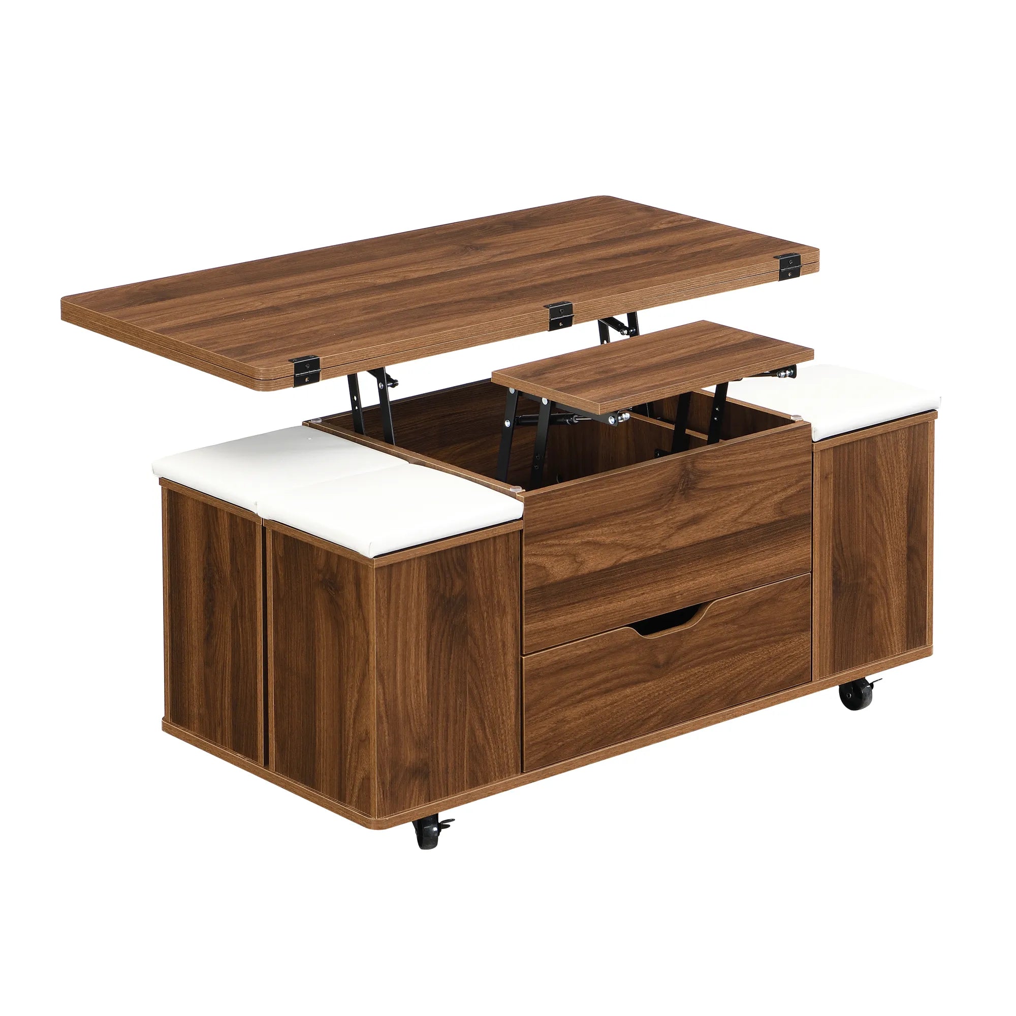 Lift-Top Foldable Coffee Table with Stools & Storage