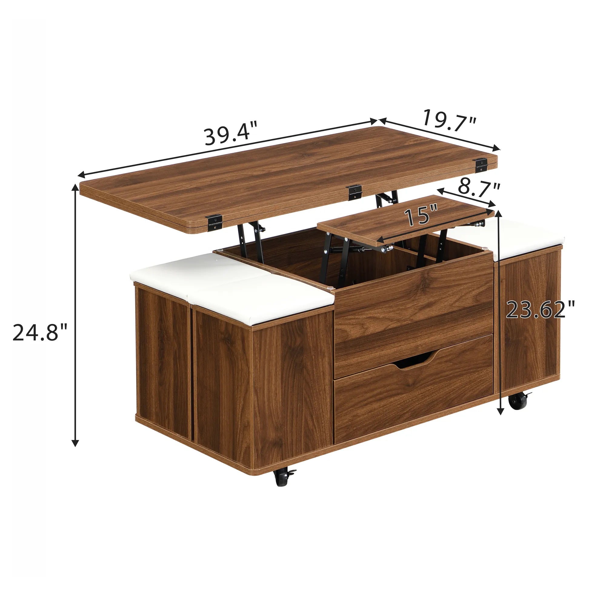 Lift-Top Foldable Coffee Table with Stools & Storage