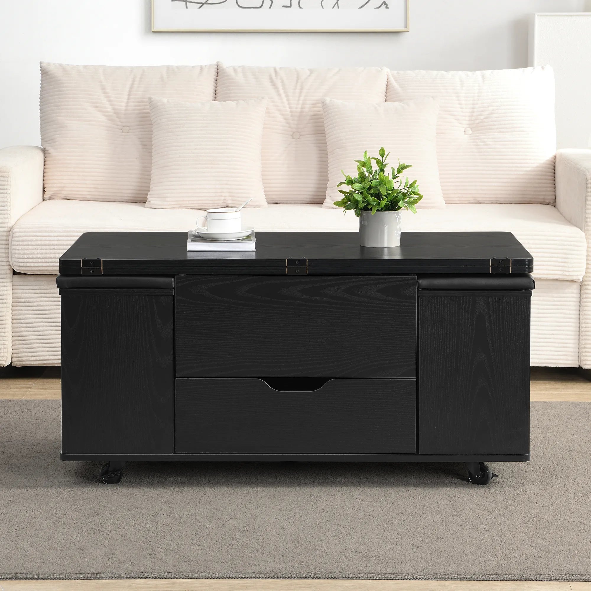 Lift-Top Foldable Coffee Table with Stools & Storage