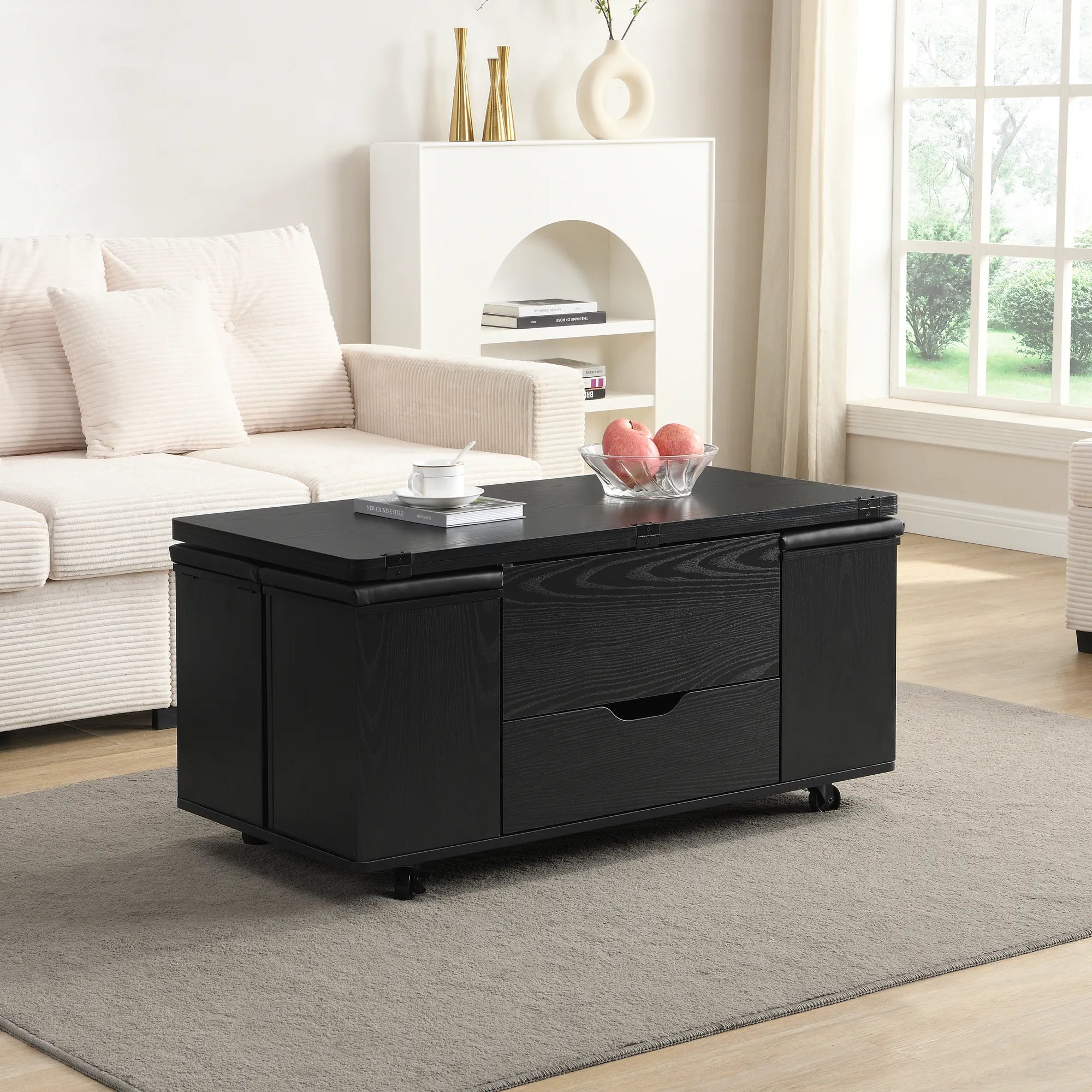 Lift-Top Foldable Coffee Table with Stools & Storage