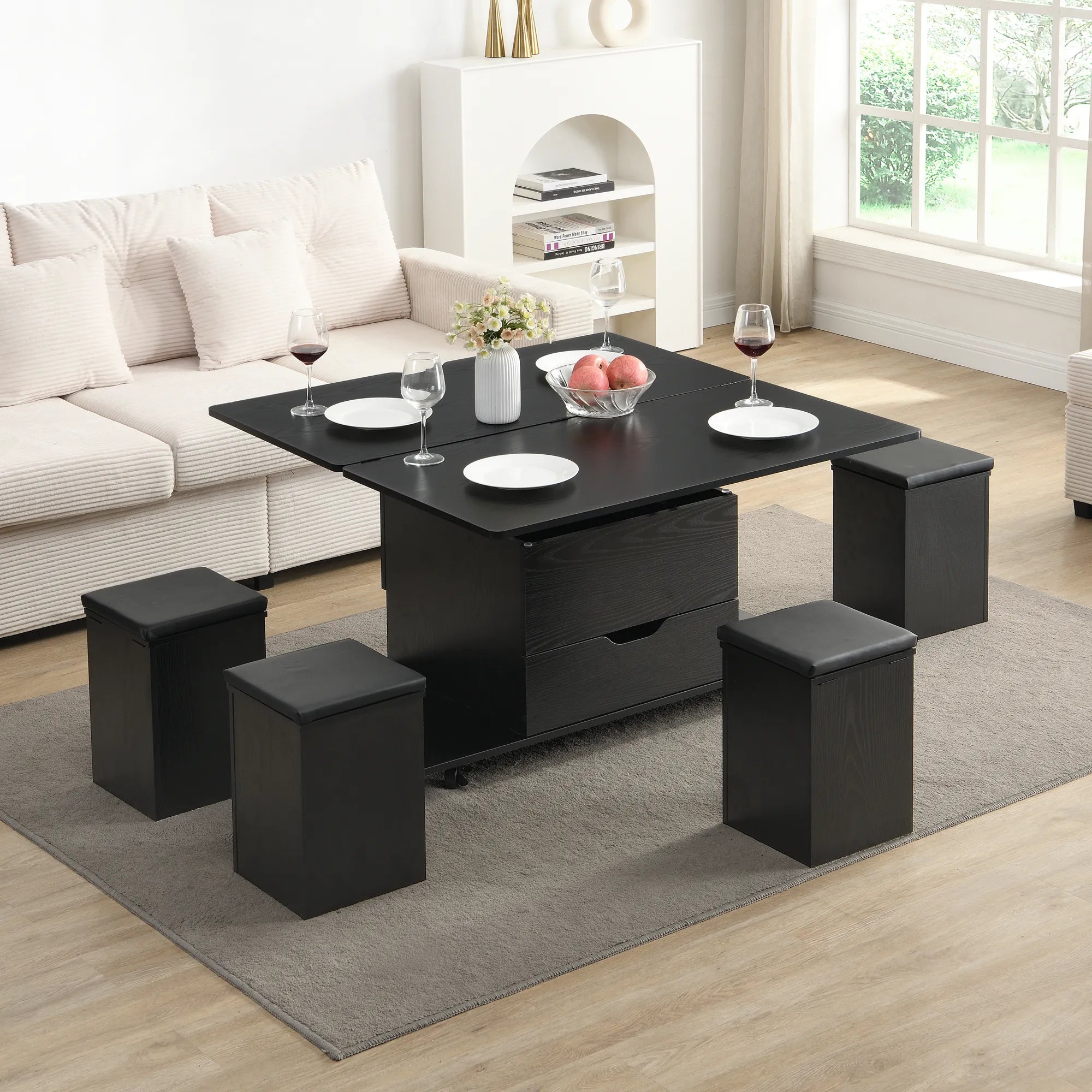 Lift-Top Foldable Coffee Table with Stools & Storage