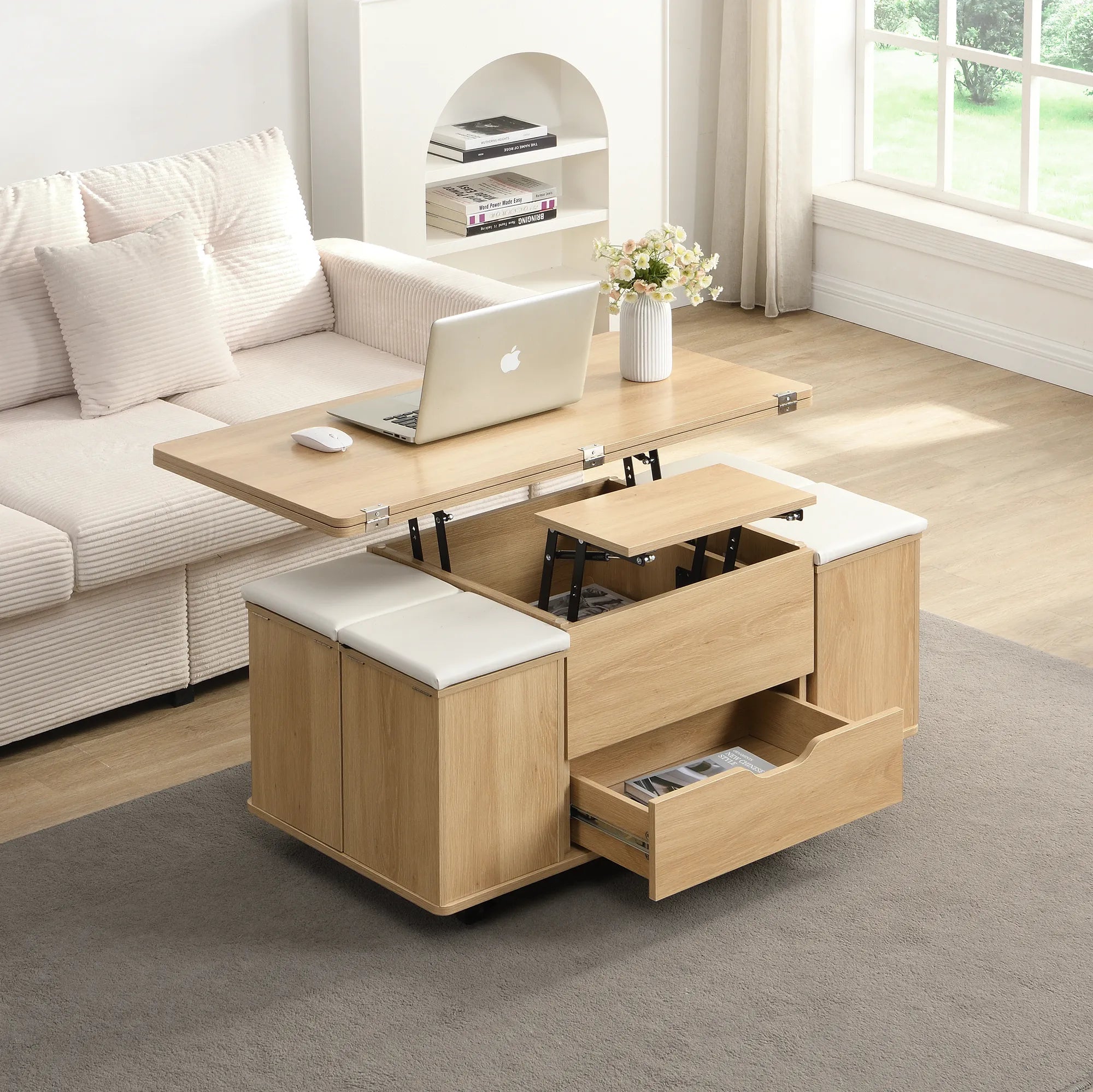 Lift-Top Foldable Coffee Table with Stools & Storage