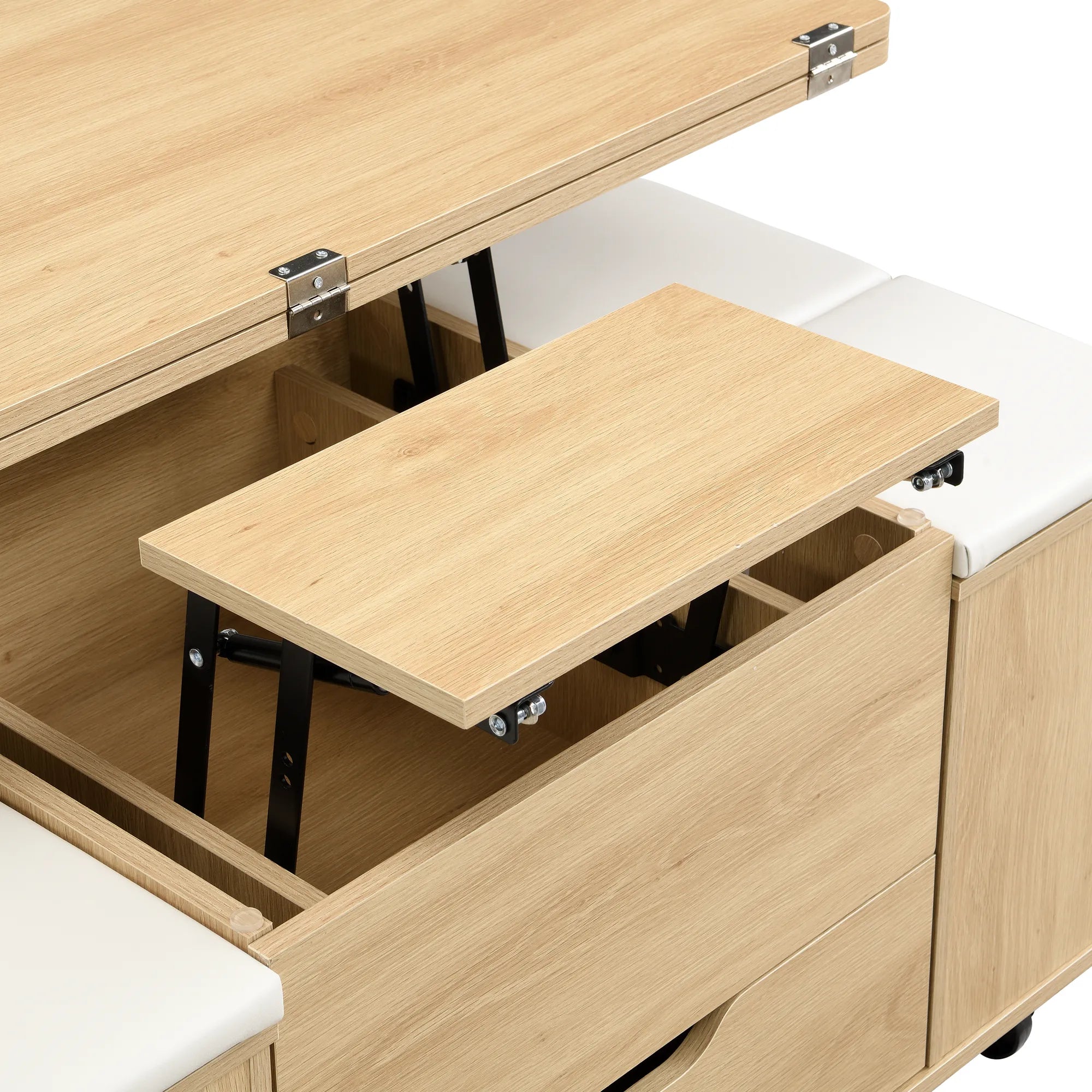 Lift-Top Foldable Coffee Table with Stools & Storage
