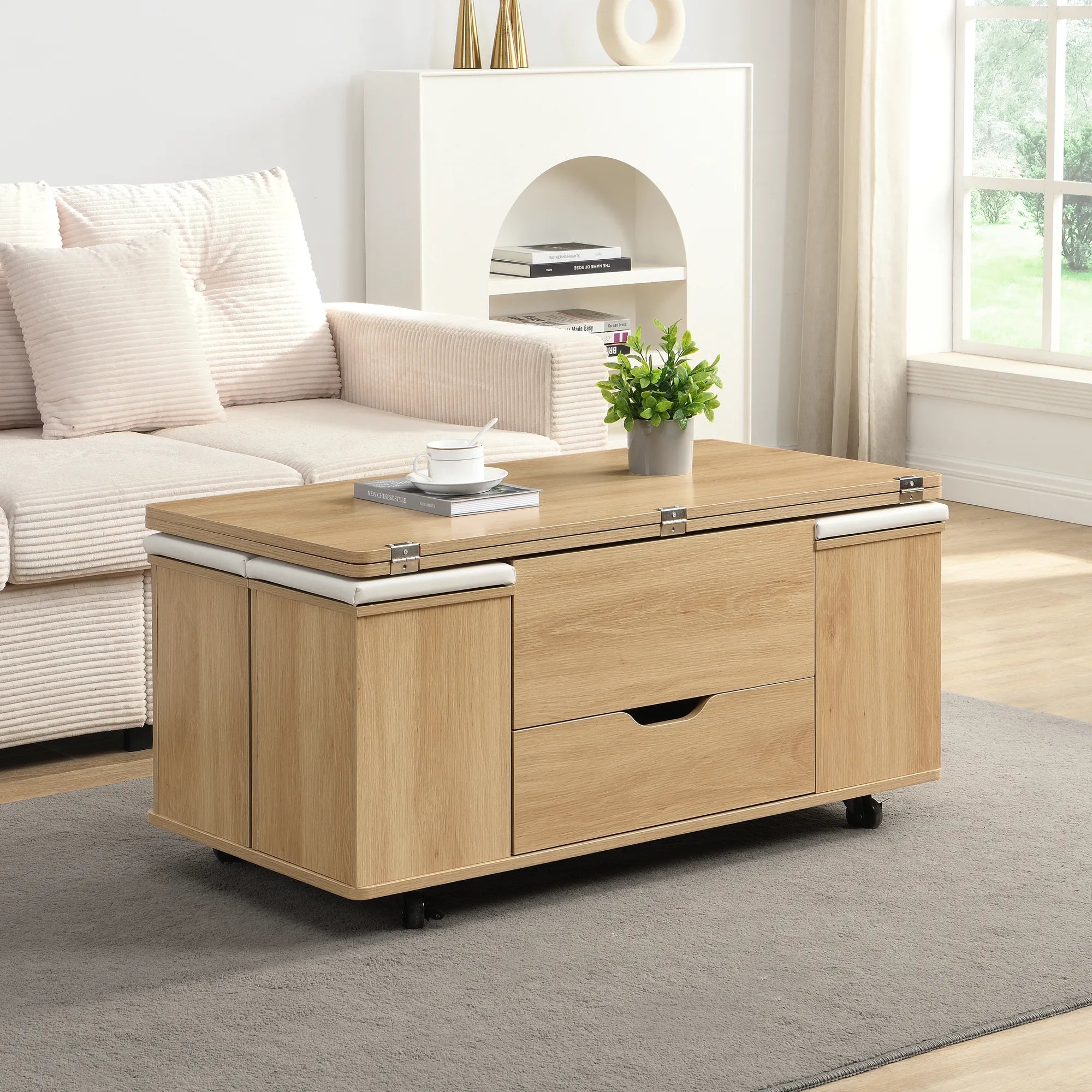 Lift-Top Foldable Coffee Table with Stools & Storage