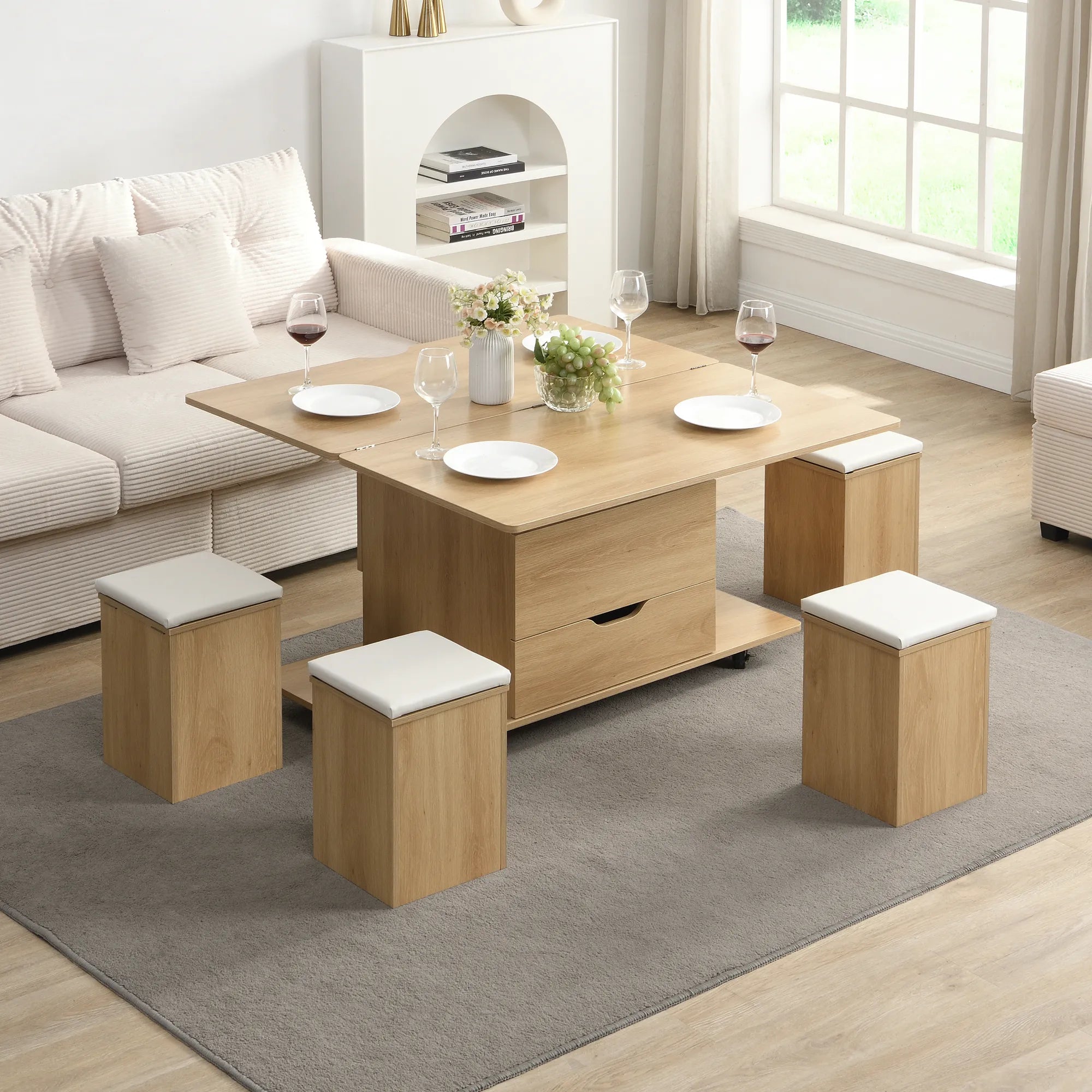 Lift-Top Foldable Coffee Table with Stools & Storage