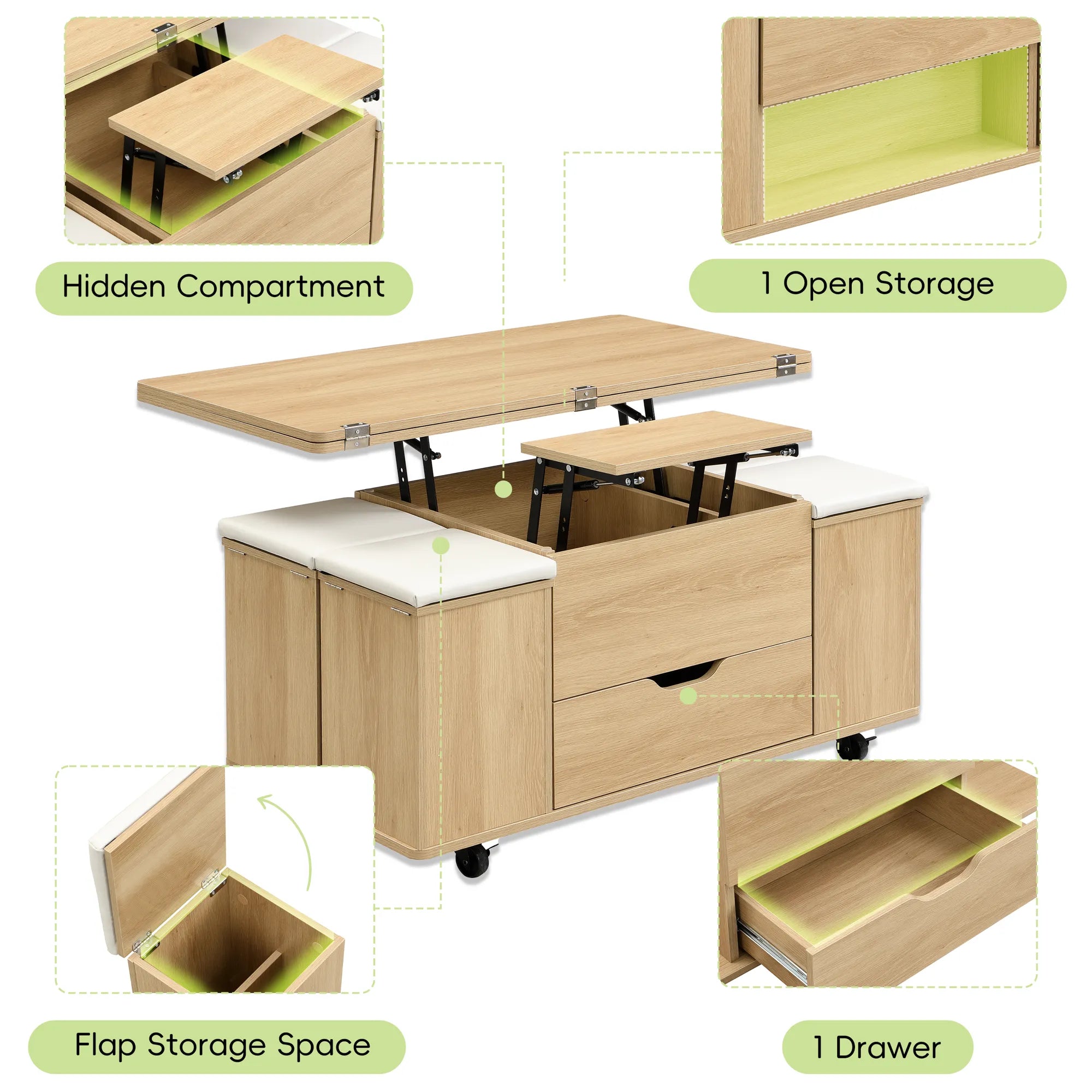 Lift-Top Foldable Coffee Table with Stools & Storage