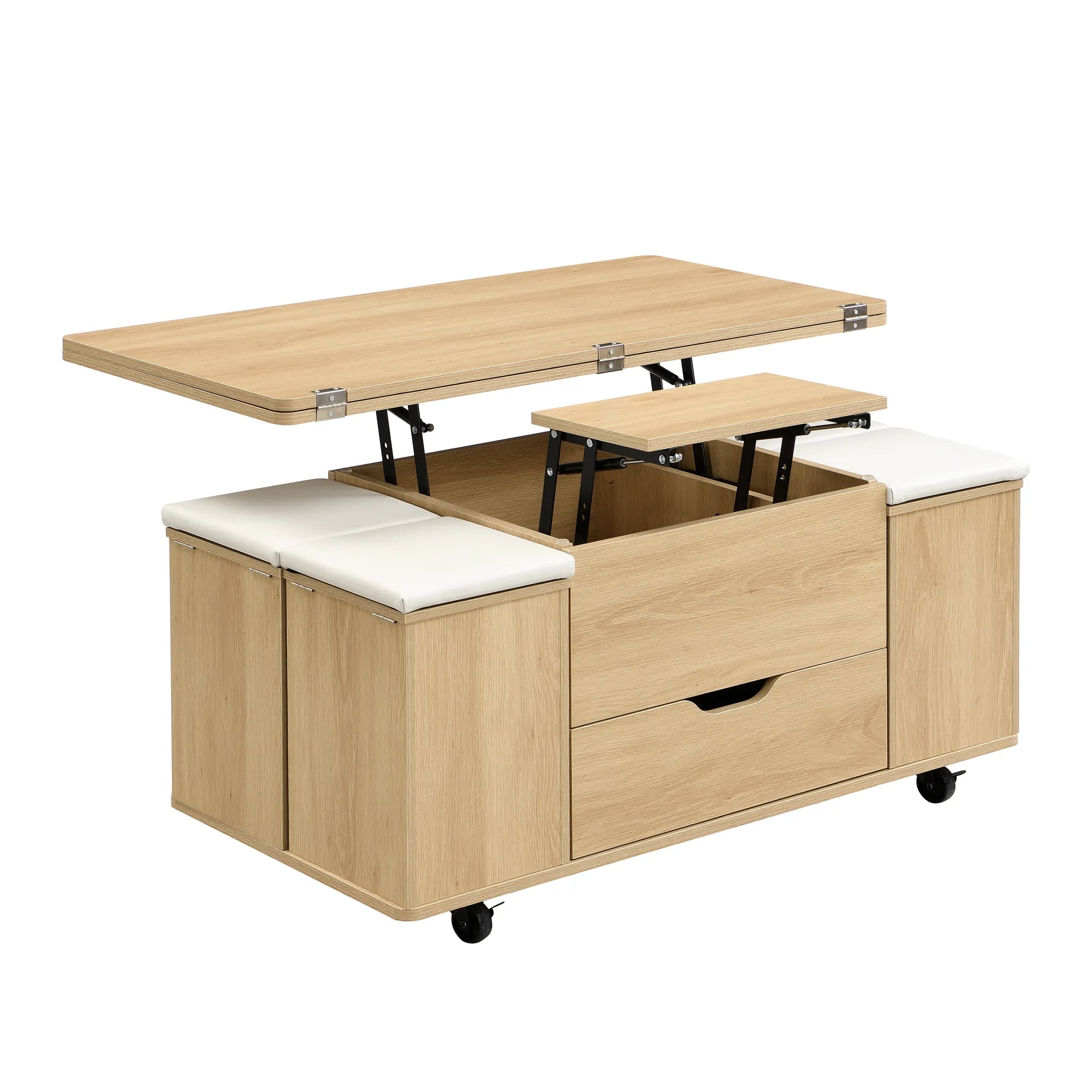 Lift-Top Foldable Coffee Table with Stools & Storage