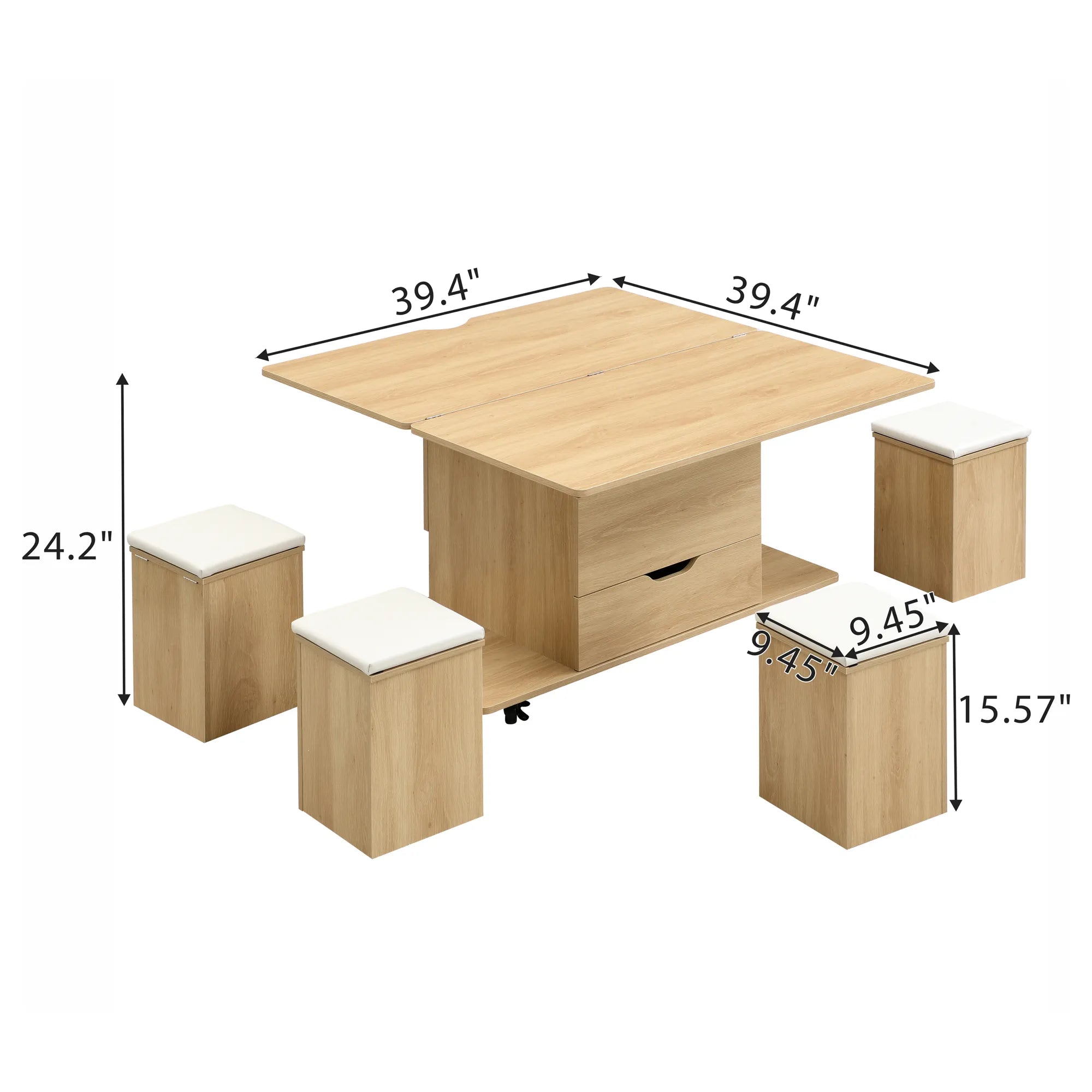 Lift-Top Foldable Coffee Table with Stools & Storage