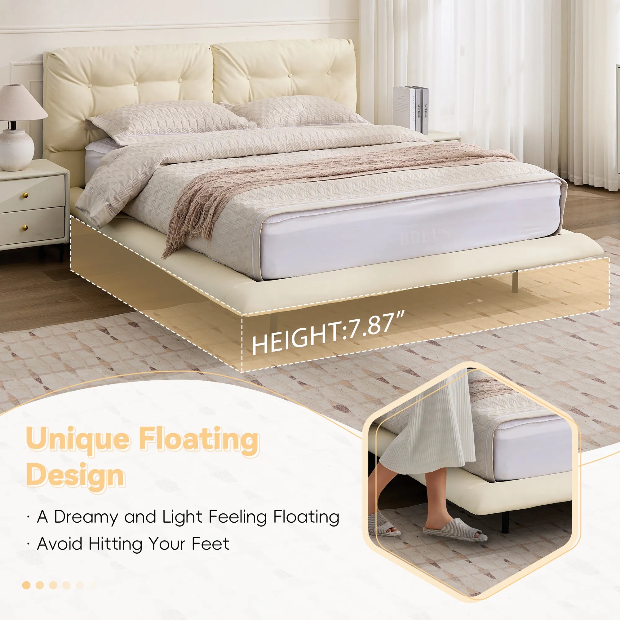 Lunara – Queen Floating Bed with PU Leather & LED Lights