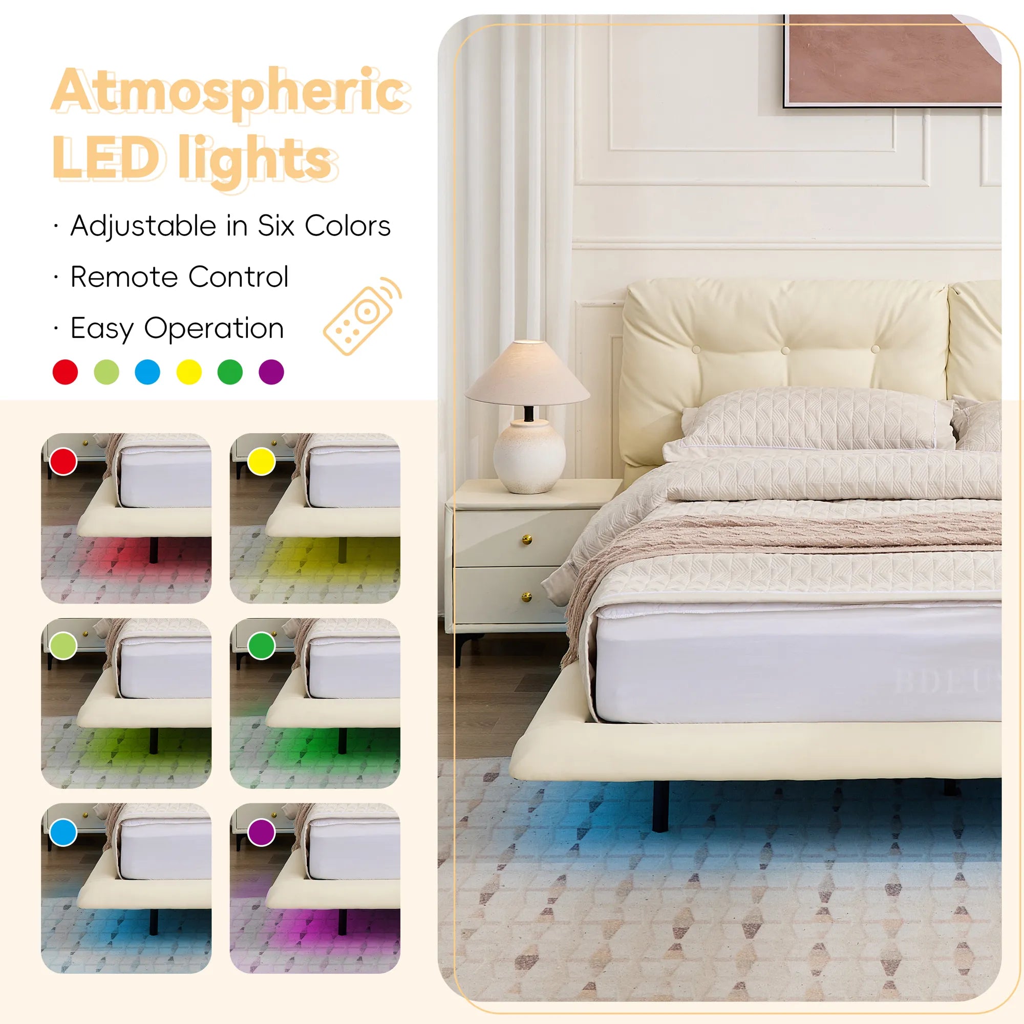 Lunara – Queen Floating Bed with PU Leather & LED Lights
