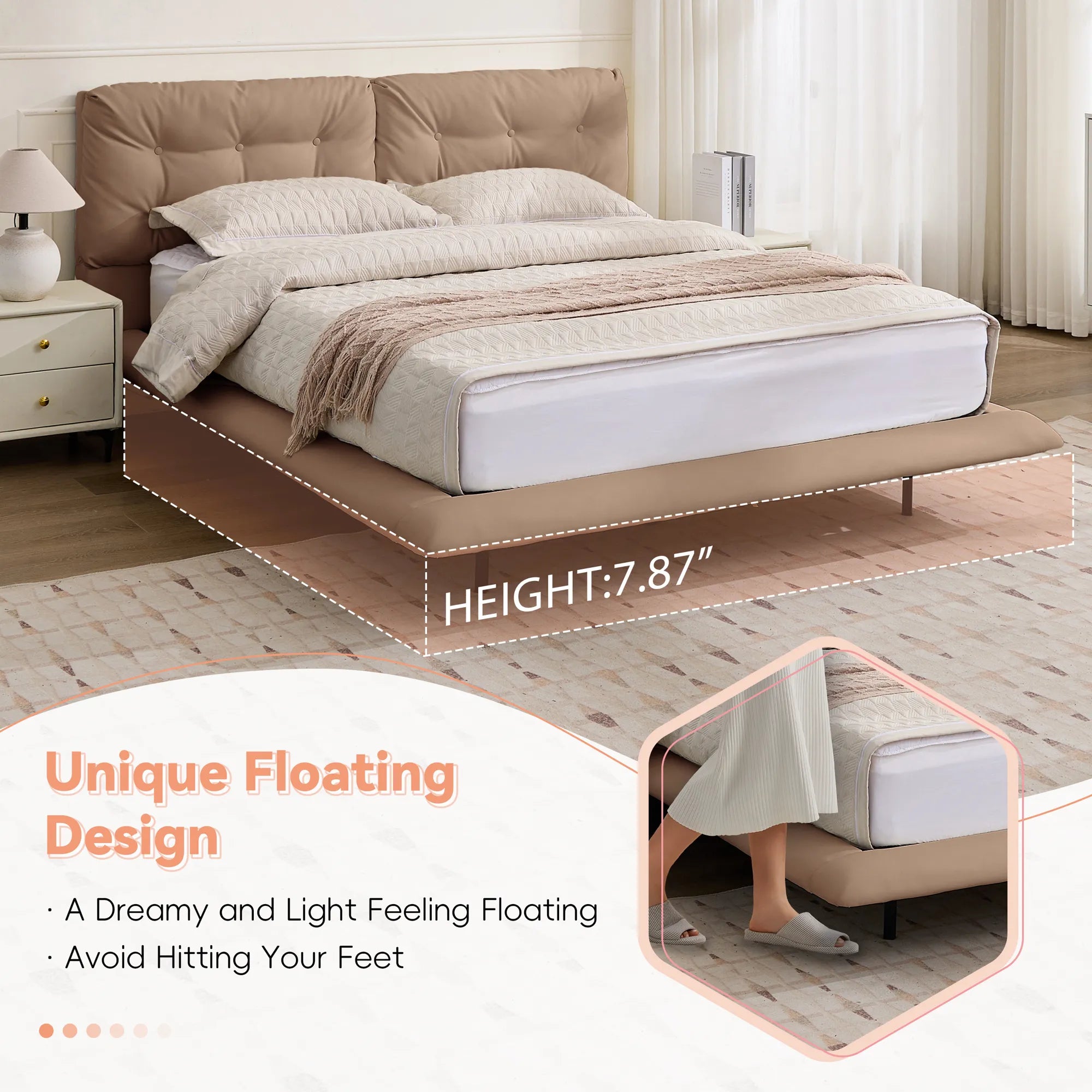 Lunara – Queen Floating Bed with PU Leather & LED Lights