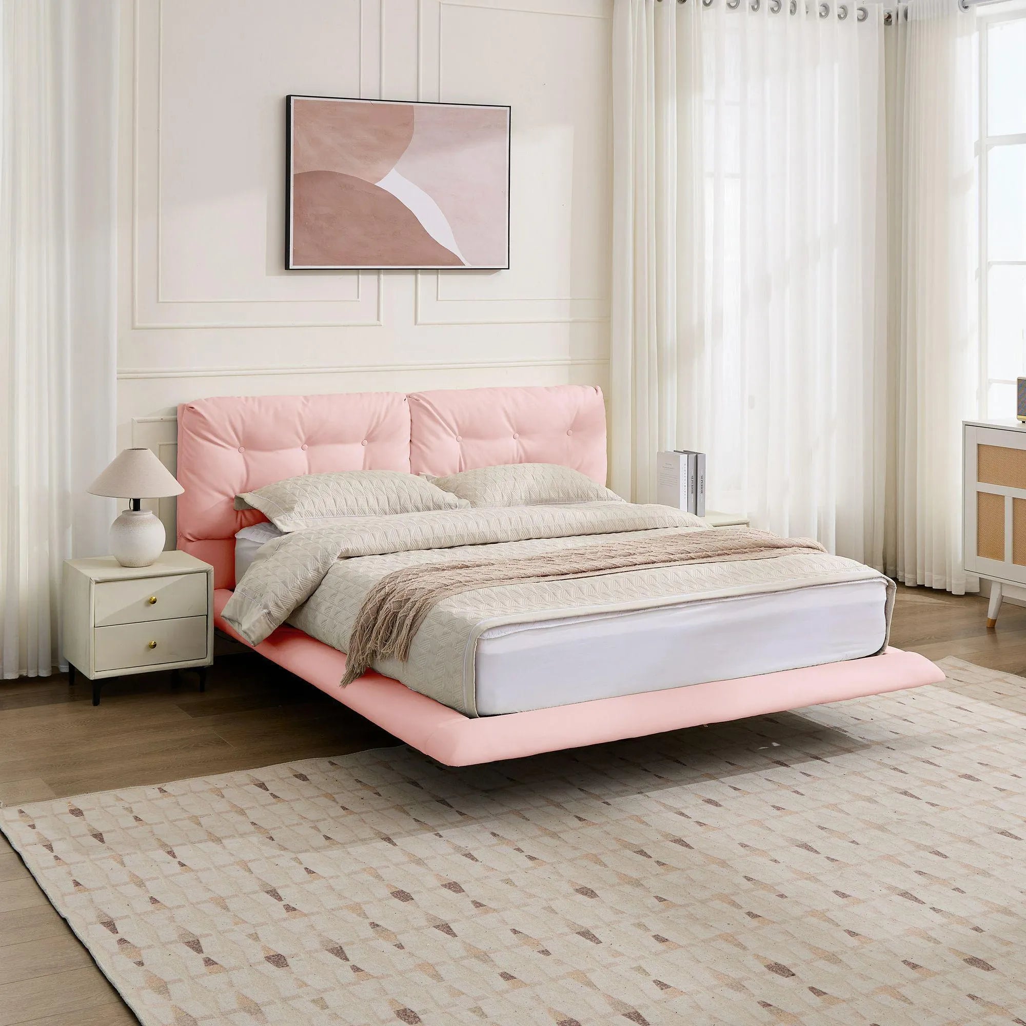 Lunara – Queen Floating Bed with PU Leather & LED Lights