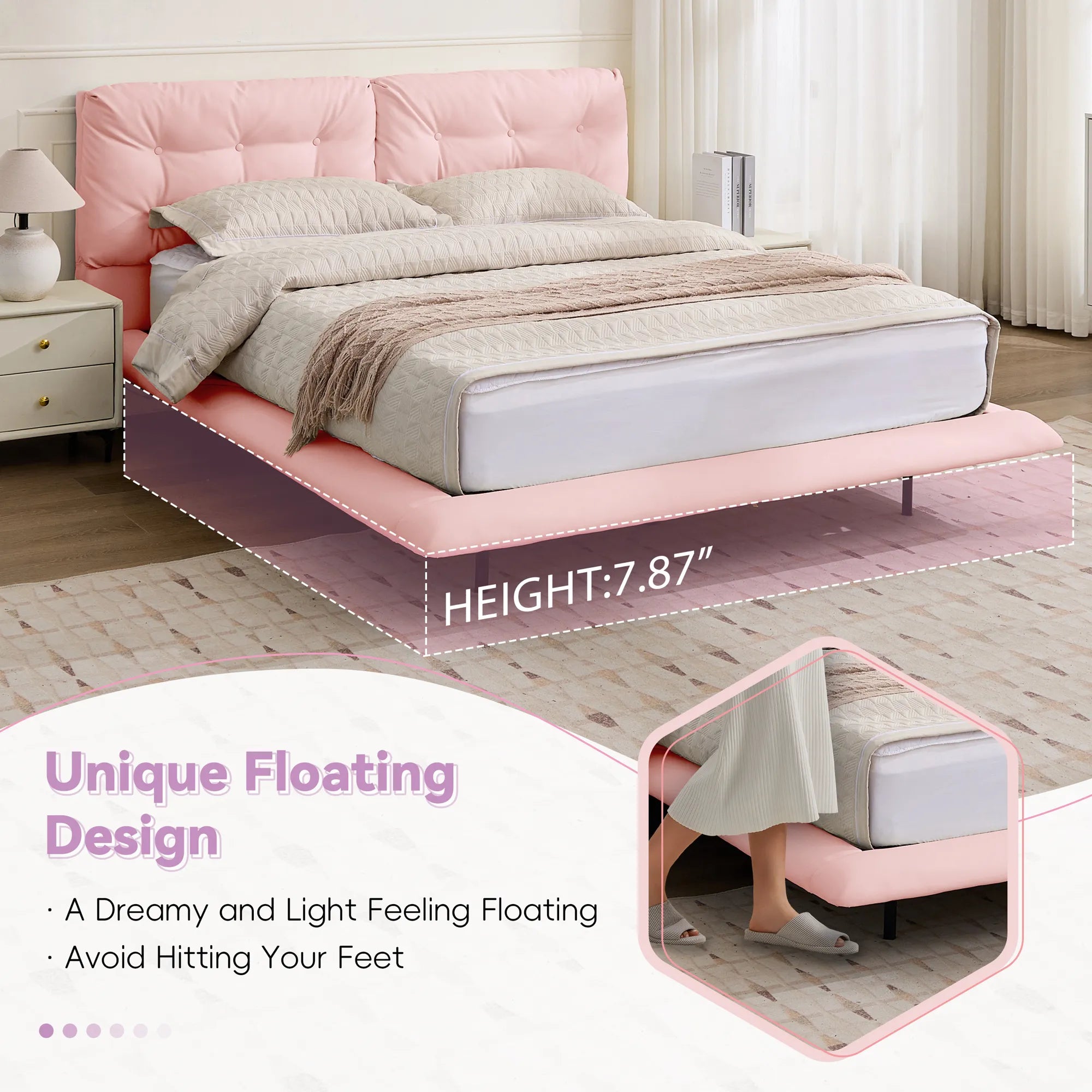 Lunara – Queen Floating Bed with PU Leather & LED Lights