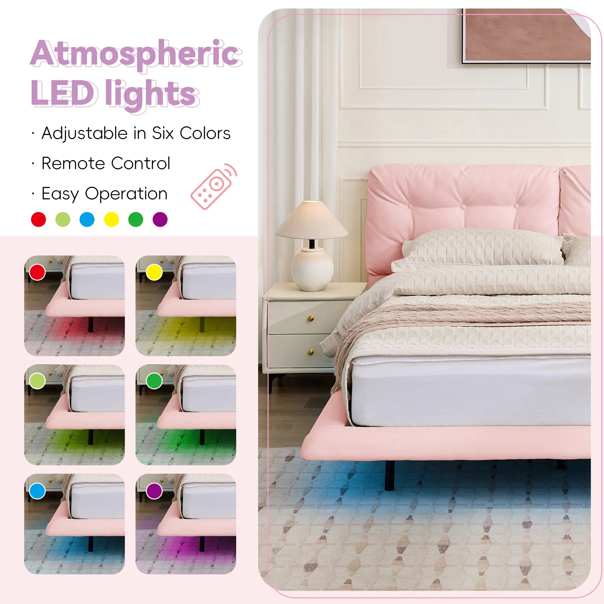 Lunara – Queen Floating Bed with PU Leather & LED Lights