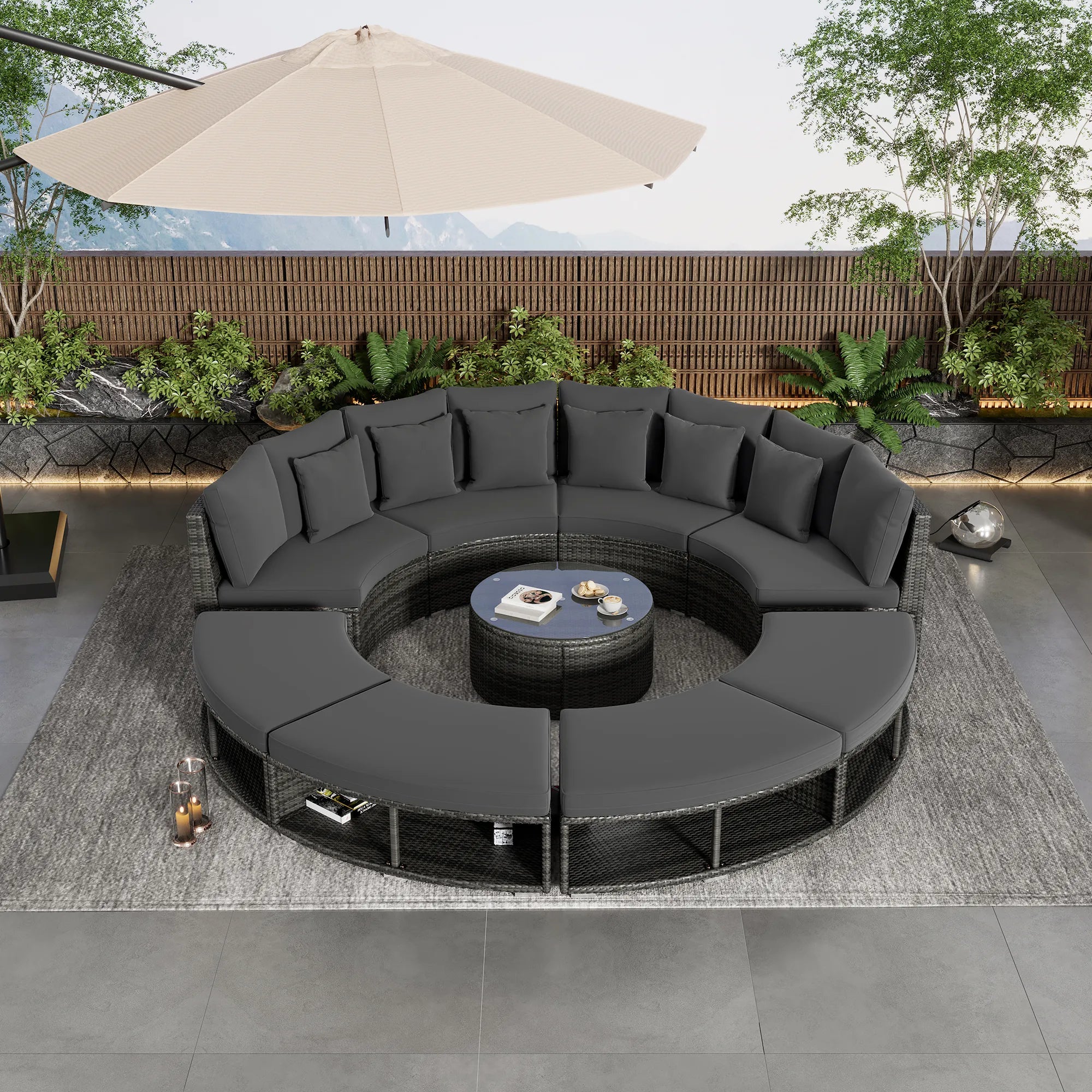 Luxury Circular Rattan Wicker Outdoor Patio Sectional Sofa Set with Coffee Table